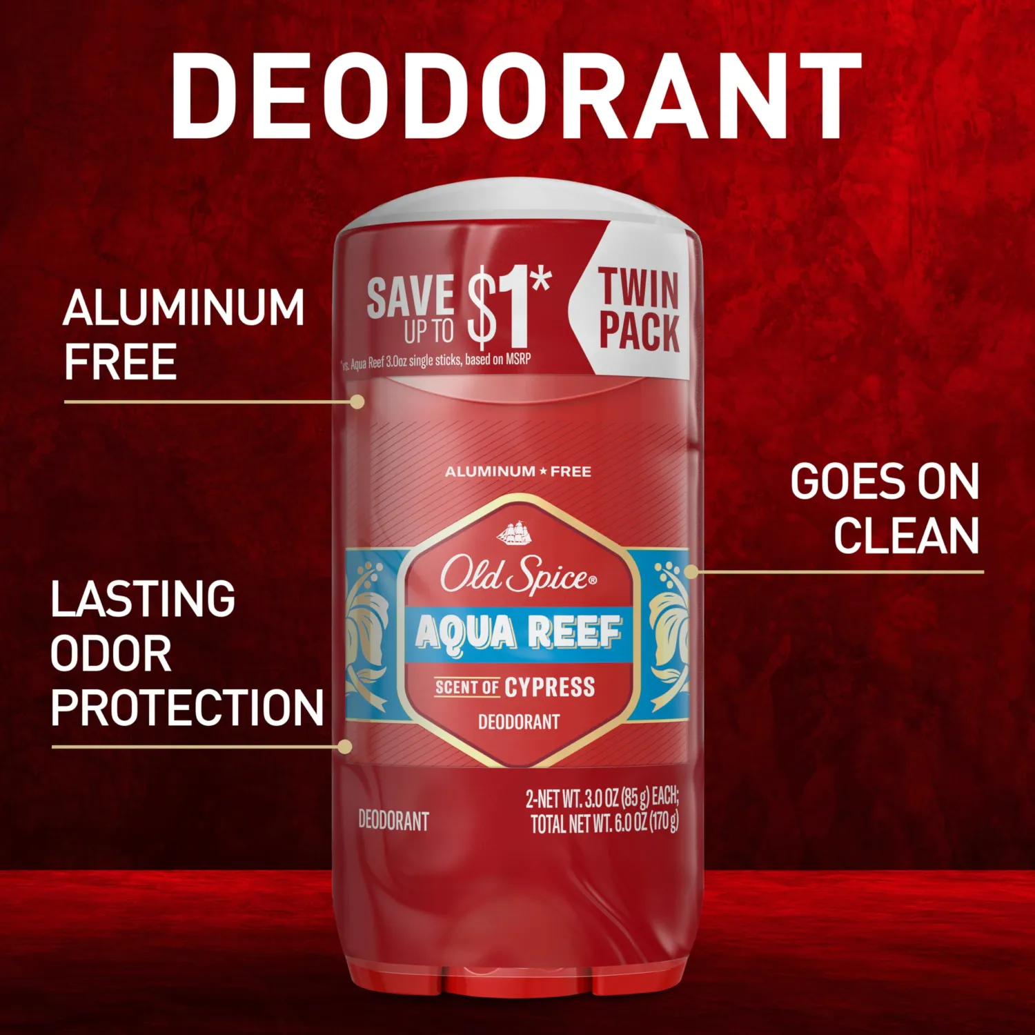 Old Spice Aluminum Free Deodorant for Men, 24/7 Odor Protection, 24/7 Freshness & Lasting Scent, Aqua Reef with Cypress Scent, 3.0 oz (Pack of 2)