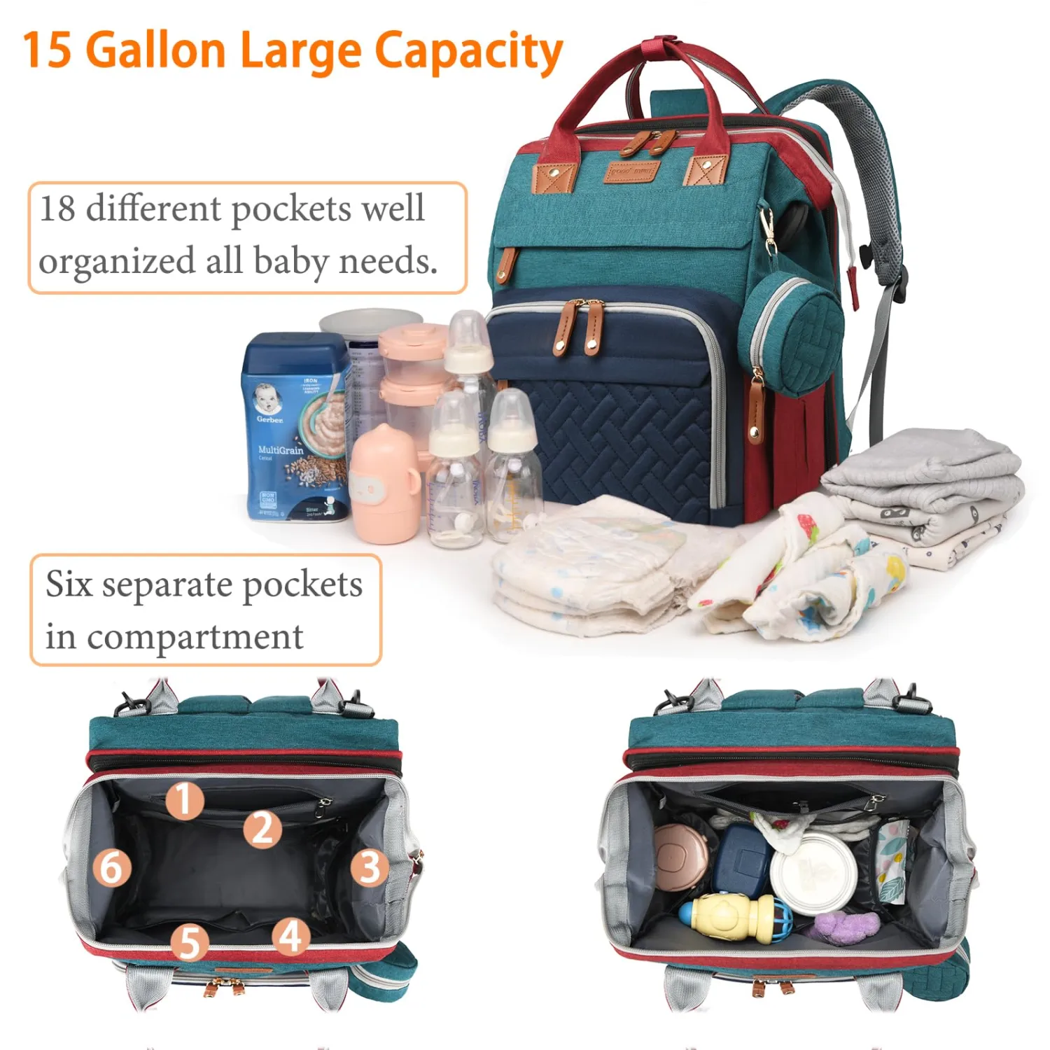 Baby Diaper Bags with Changing Station, Waterproof Diaper Bag Backpack for Moms Dads with USB Charging Port, Baby Shower Gifts, Large Capacity diaper backpack, Red-Green-Blue