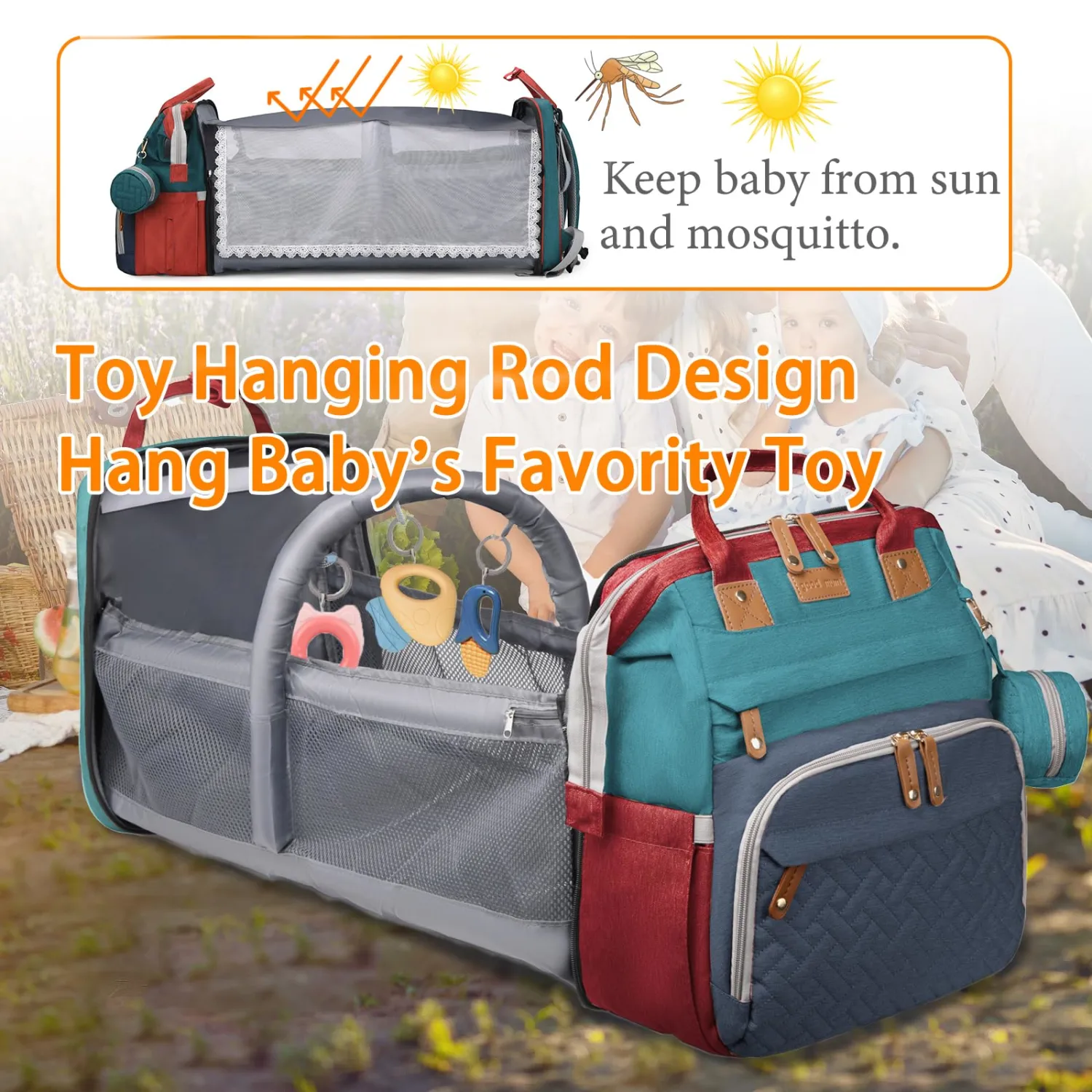 Baby Diaper Bags with Changing Station, Waterproof Diaper Bag Backpack for Moms Dads with USB Charging Port, Baby Shower Gifts, Large Capacity diaper backpack, Red-Green-Blue