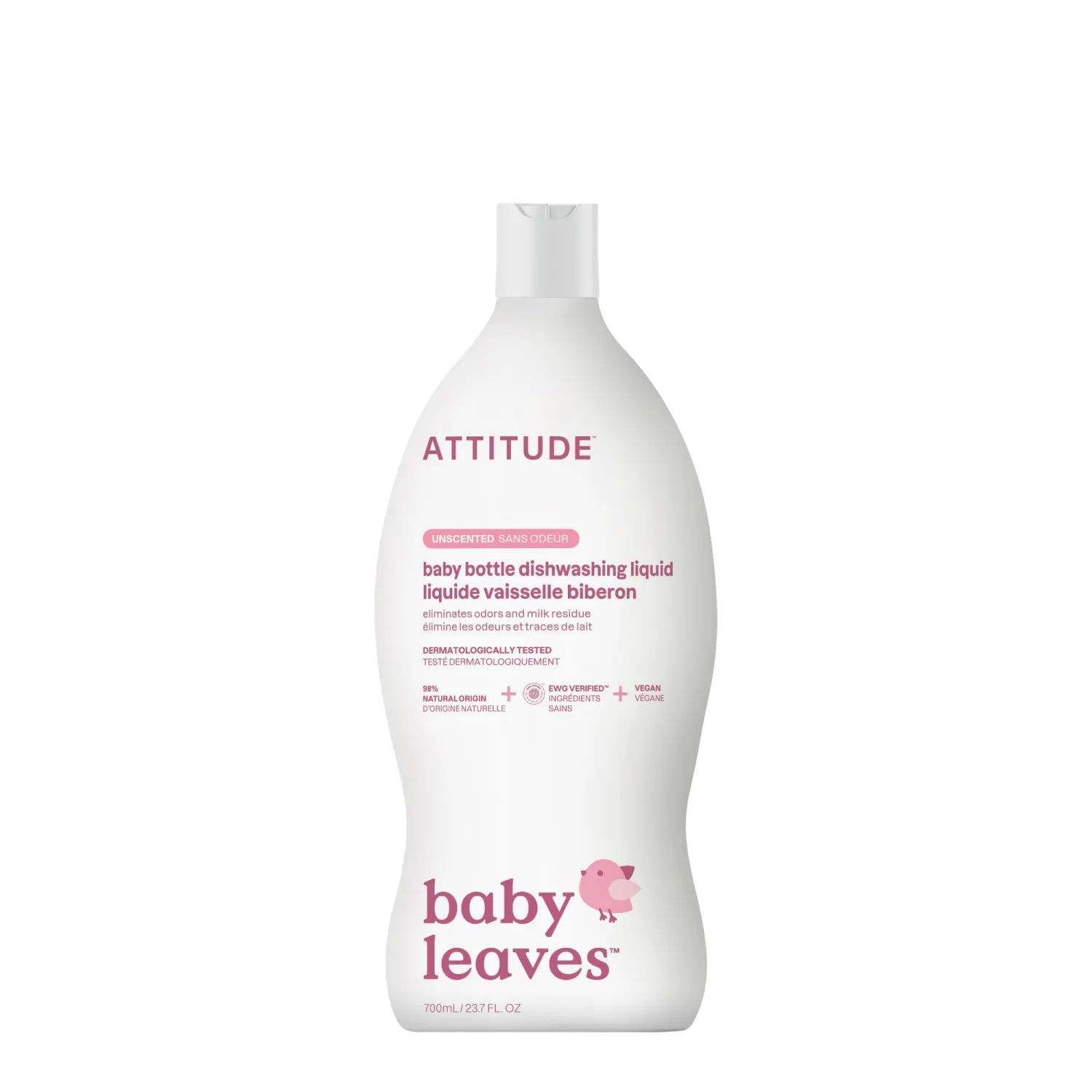 ATTITUDE Baby Dish Soap and Bottle Cleaner, EWG Verified Dishwashing Liquid, No Added Dyes or Fragrances, Tough on Milk Residue and Grease, Vegan, Unscented, 23.7 Fl Oz