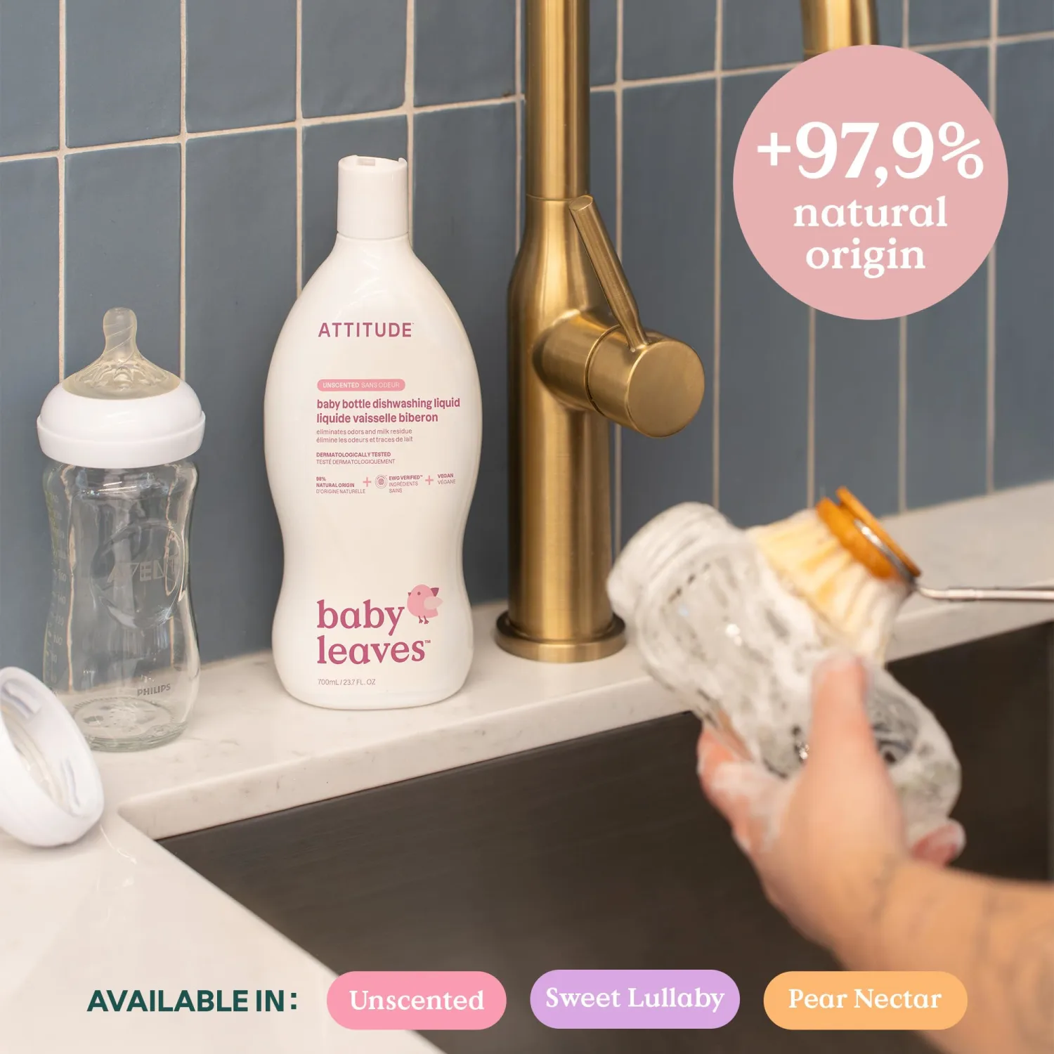 ATTITUDE Baby Dish Soap and Bottle Cleaner, EWG Verified Dishwashing Liquid, No Added Dyes or Fragrances, Tough on Milk Residue and Grease, Vegan, Unscented, 23.7 Fl Oz
