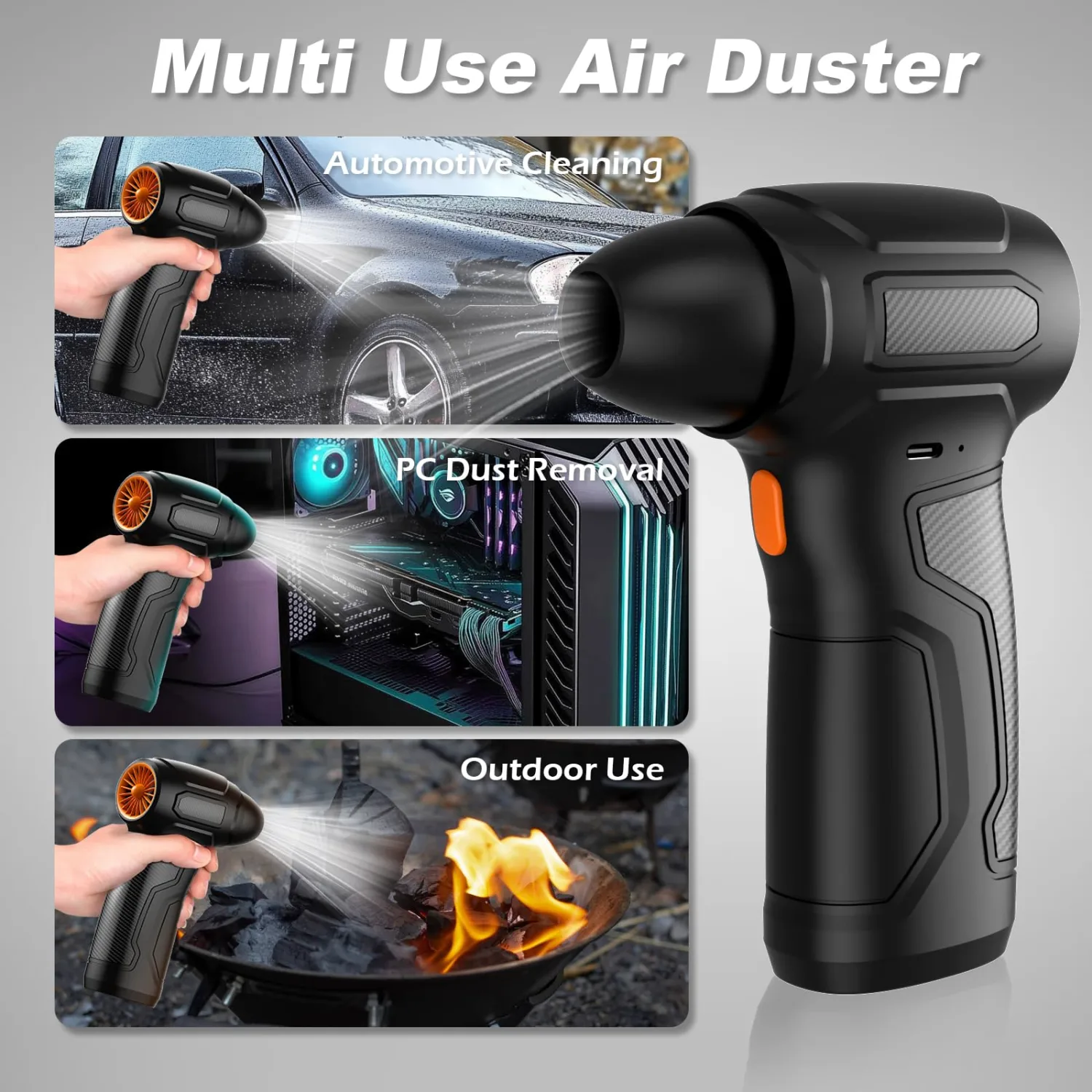 Compressed Air Duster - 200,000RPM Electric Air Duster, Canned Air Blower Alternative for PC, Keyboard, Building Toys, Campfire, Leaf, Home Cleaning (Orange)