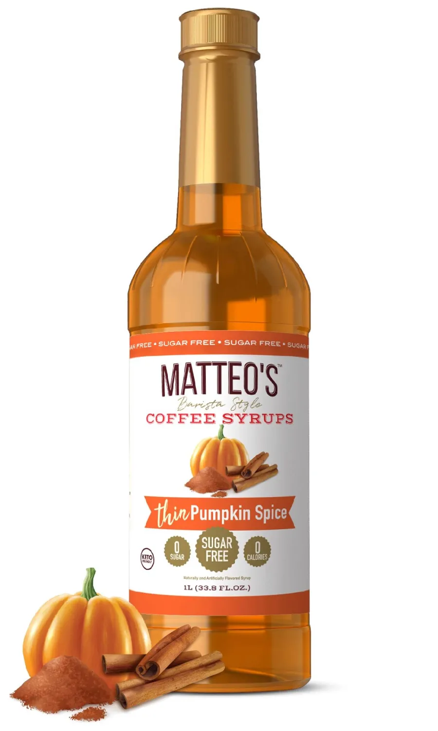 Matteo's Barista Style Sugar-Free Coffee Syrup, Pumpkin Spice Flavor, Zero Calories and Sugar, Keto Friendly, Ideal for Lattes, Cappuccinos, Espresso, Americano, Indulgent Taste 33.8 Oz, 1-Pack