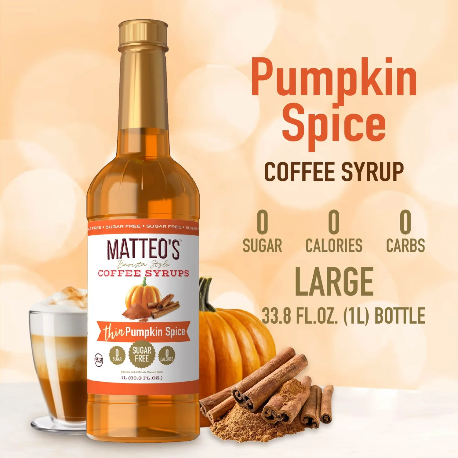 Matteo's Barista Style Sugar-Free Coffee Syrup, Pumpkin Spice Flavor, Zero Calories and Sugar, Keto Friendly, Ideal for Lattes, Cappuccinos, Espresso, Americano, Indulgent Taste 33.8 Oz, 1-Pack
