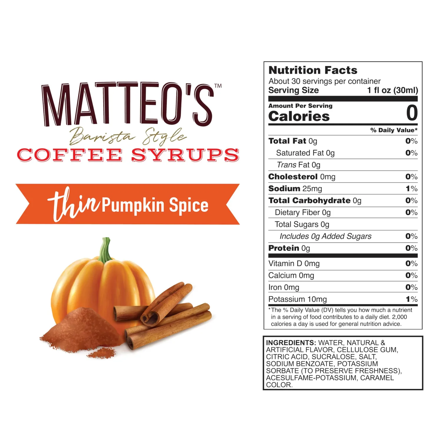 Matteo's Barista Style Sugar-Free Coffee Syrup, Pumpkin Spice Flavor, Zero Calories and Sugar, Keto Friendly, Ideal for Lattes, Cappuccinos, Espresso, Americano, Indulgent Taste 33.8 Oz, 1-Pack