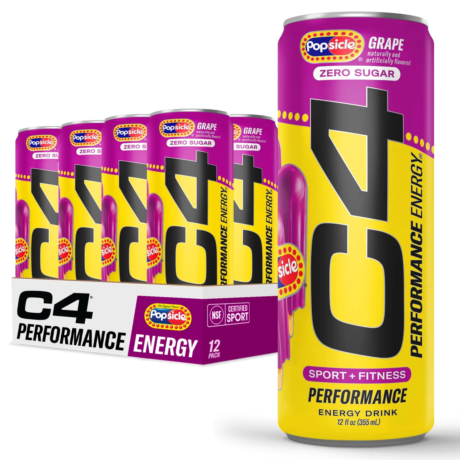 Cellucor C4 Energy Drink x Grape Popsicle, Carbonated Sugar Free Pre Workout Performance Drink with no Artificial Colors or Dyes, 16 Oz, Pack of 12