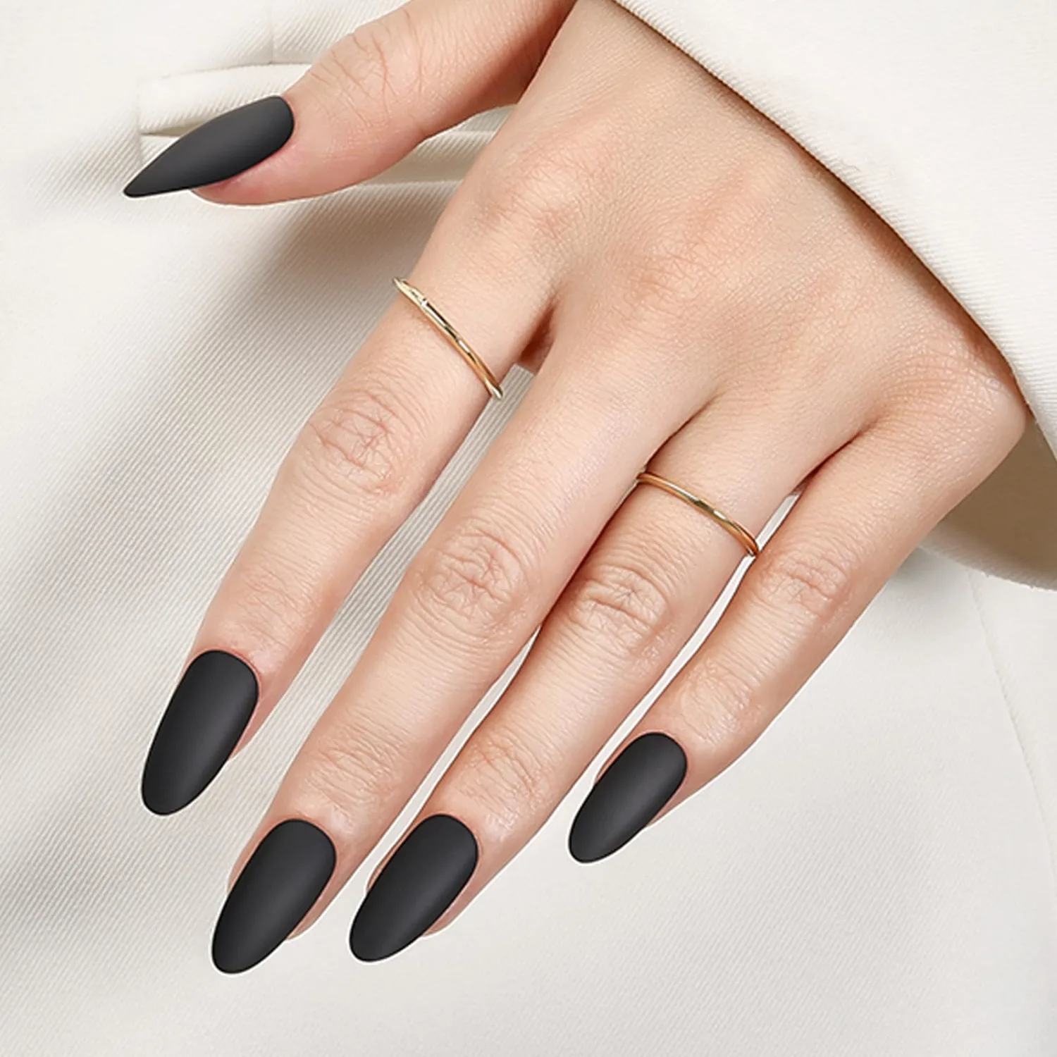 Modelones 32Pcs Matte Black Press on Nails Stiletto Almond, Long Fall Fake Nails, Reusable Nail Kit with Nail Glue Adhesive Tabs Nail File, Nails Press Ons 16 Sizes Top Coat