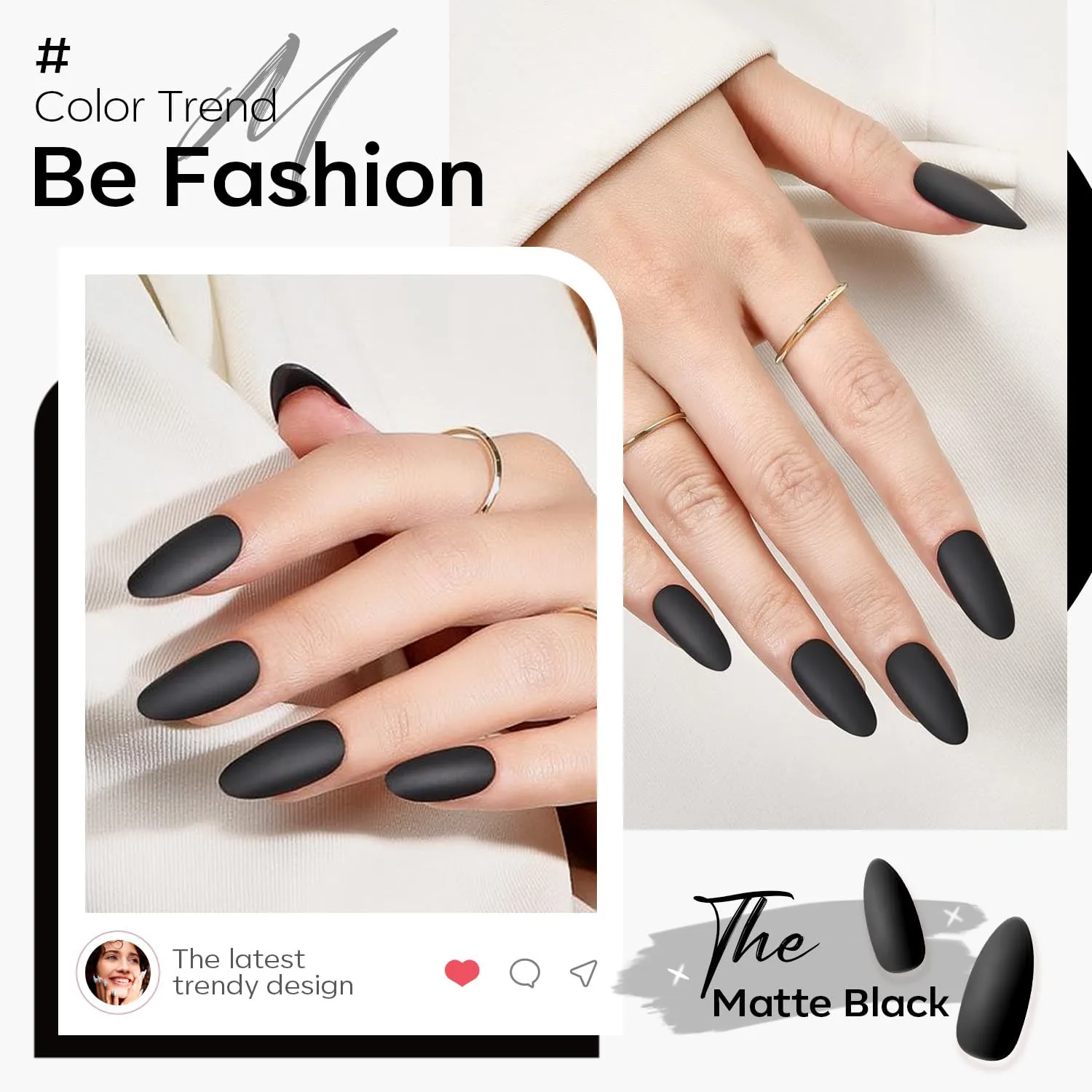 Modelones 32Pcs Matte Black Press on Nails Stiletto Almond, Long Fall Fake Nails, Reusable Nail Kit with Nail Glue Adhesive Tabs Nail File, Nails Press Ons 16 Sizes Top Coat