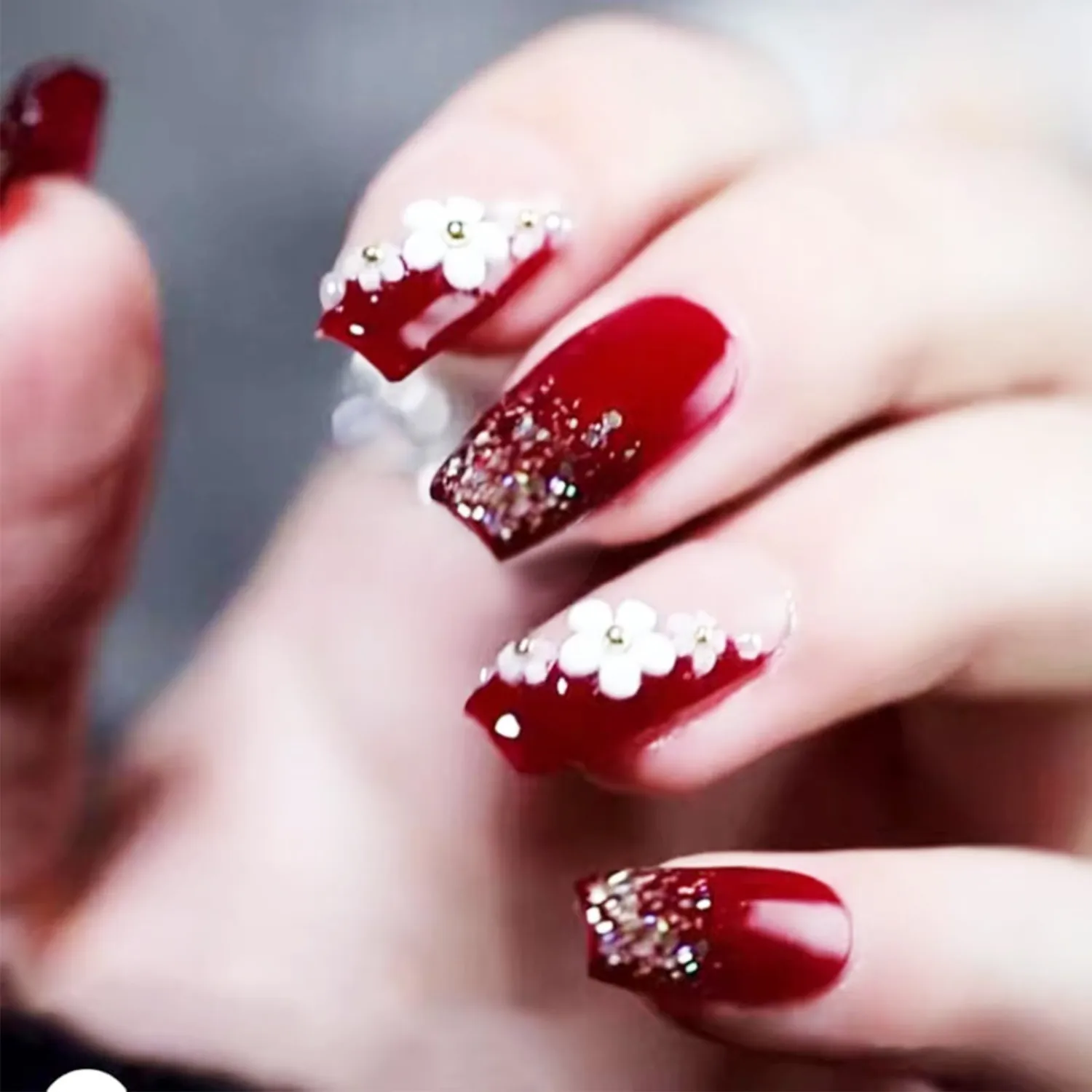 3D Flower Press on Nails Red French Tips Medium Square False Nails Pearls Acrylic Fake Nails Glossy Silver Glitter Stick on Nails Camellia Gel Glue on Nails for Coquette Women Girls 24Pcs