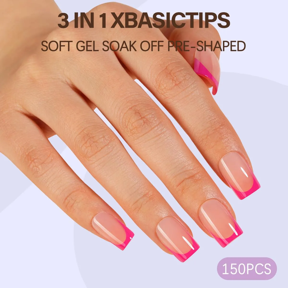 Misssix XBASICTIPS French Tip Press On Nails, 150Pcs Pink Press On Nails Short Square, French Soft Gel Nail Tips, Pre-shaped No Need to File 3 in 1 Tips, Fake Nails for Nail Art DIY Designs 15 Sizes