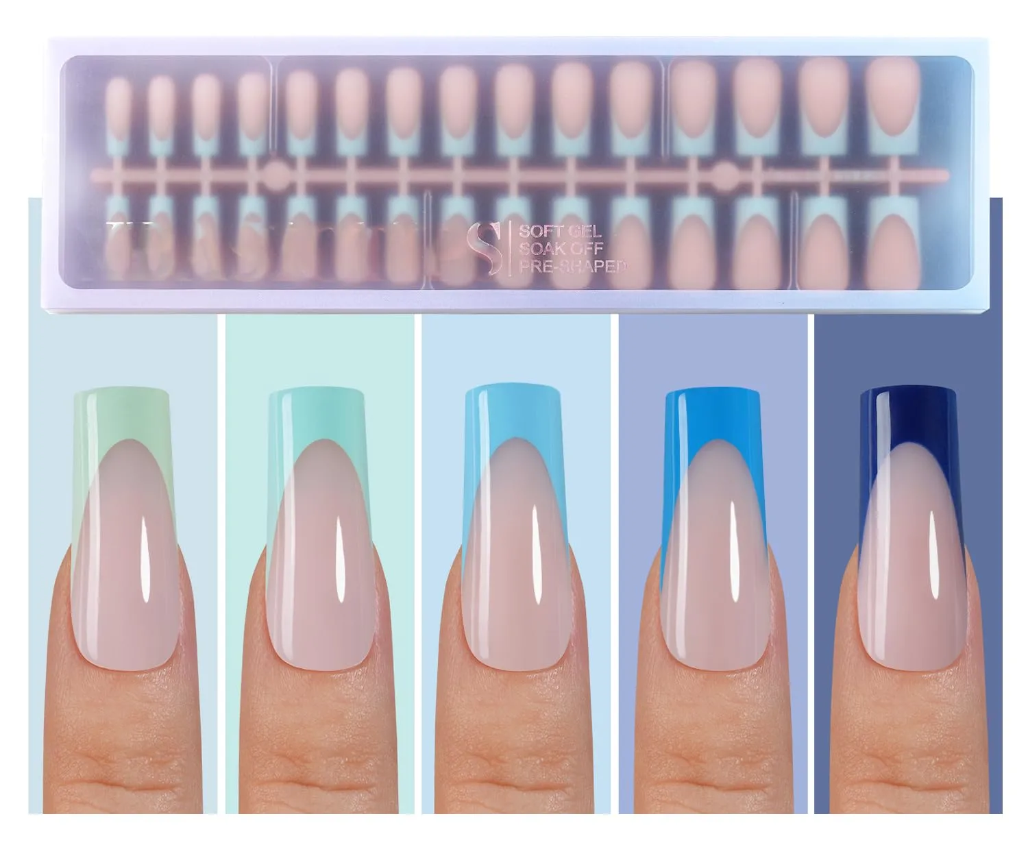 Misssix XBASICTIPS Blue French Tip Press On Nails, 150Pcs French Gel Nail Tips Long Square, Soft Gel Pre-shaped No Need to File 3 in 1 Tips, Fake Nails for Nail Art DIY Extension Designs 15 Sizes