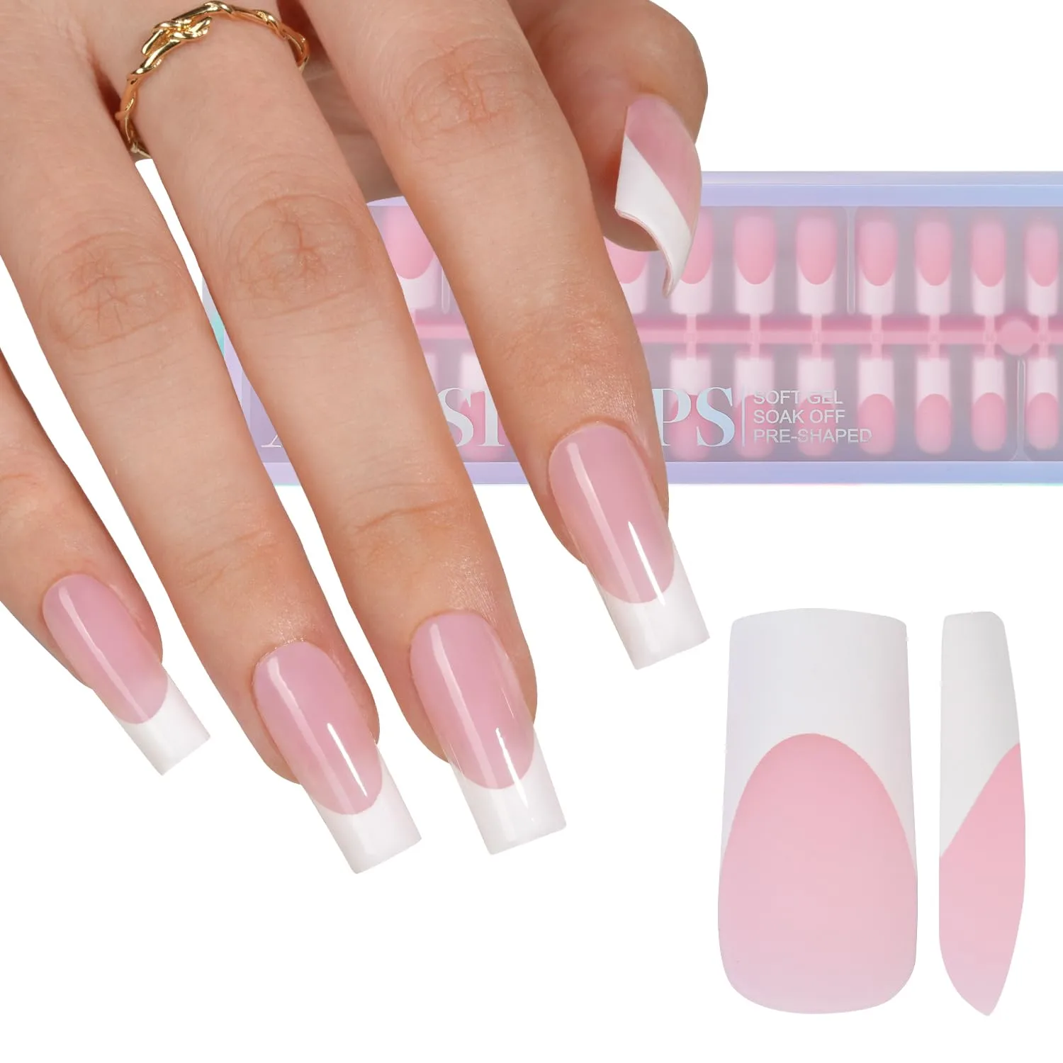Misssix XBASICTIPS French Gel Nail Tips, 150Pcs Soft Gel French Tip Press on Nails, Long Square Pre-shaped False Nails, No Need to File Fake Nails for Nail Art DIY
