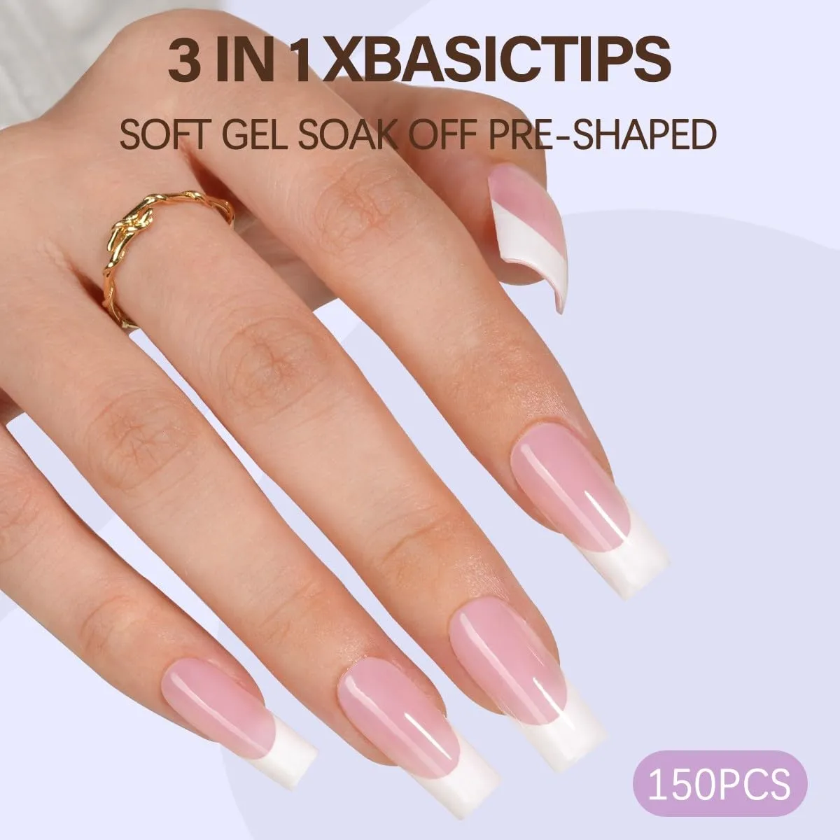 Misssix XBASICTIPS French Gel Nail Tips, 150Pcs Soft Gel French Tip Press on Nails, Long Square Pre-shaped False Nails, No Need to File Fake Nails for Nail Art DIY