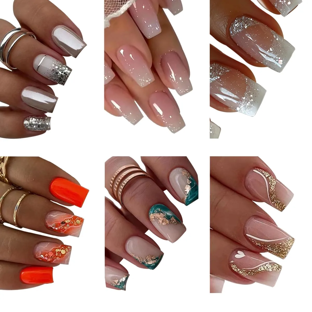 144 Pcs Press on Nails Medium Square Fake Nails Glitter False Nails with Designs Glue on Nails Full Cover Acrylic Stick on Nails Reusable Artficial Nails for Women Manicure 6 Packs