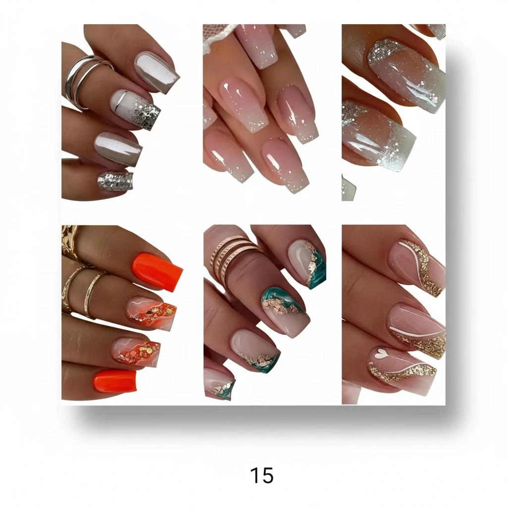 144 Pcs Press on Nails Medium Square Fake Nails Glitter False Nails with Designs Glue on Nails Full Cover Acrylic Stick on Nails Reusable Artficial Nails for Women Manicure 6 Packs