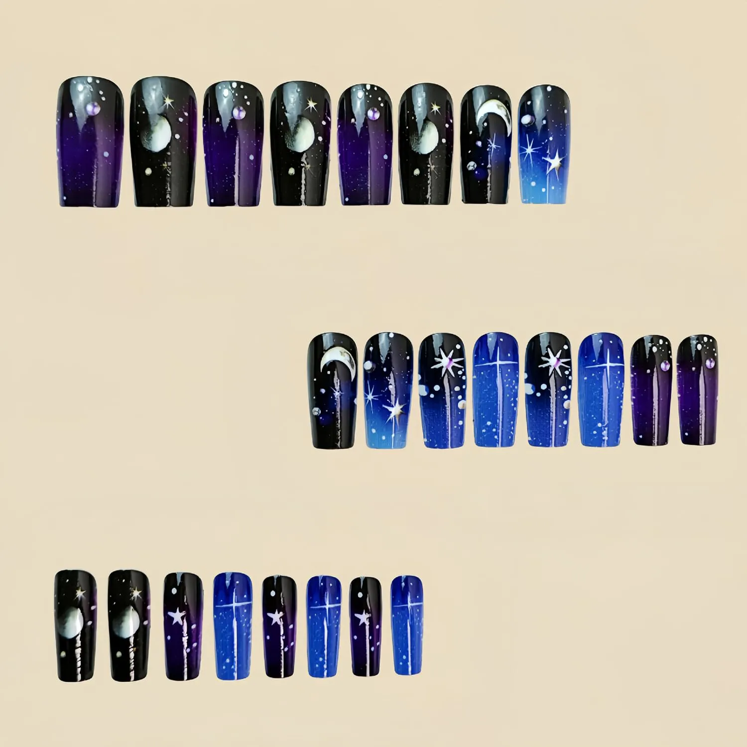 Colorful Gradient Press on Nails Medium Square Nails Stars Moon Pattern Design False Nails Glossy Acrylic Nails Artificial Coffin Nails Full Cover Stick on Nails Glue on Nails for Women