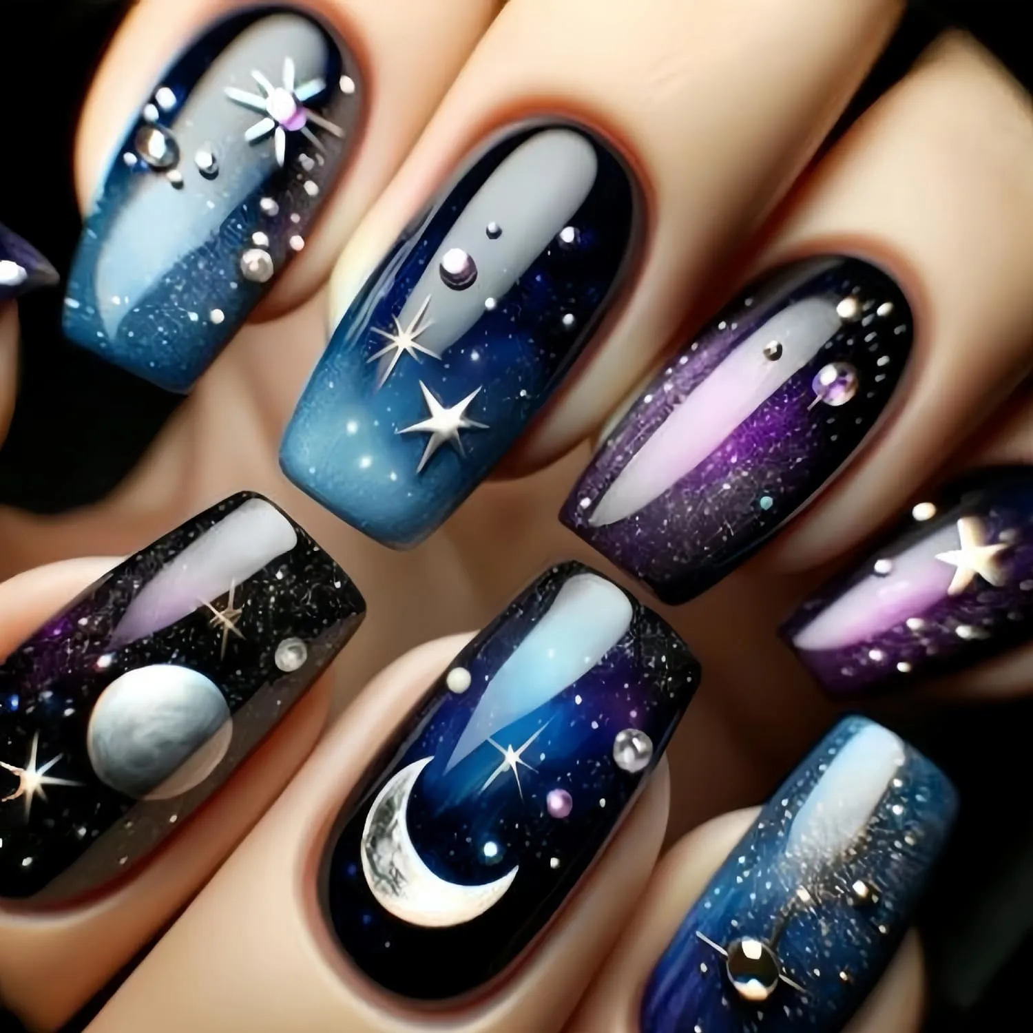 Colorful Gradient Press on Nails Medium Square Nails Stars Moon Pattern Design False Nails Glossy Acrylic Nails Artificial Coffin Nails Full Cover Stick on Nails Glue on Nails for Women