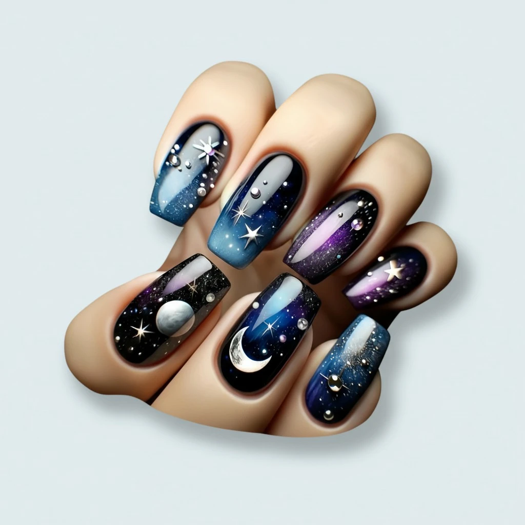 Colorful Gradient Press on Nails Medium Square Nails Stars Moon Pattern Design False Nails Glossy Acrylic Nails Artificial Coffin Nails Full Cover Stick on Nails Glue on Nails for Women
