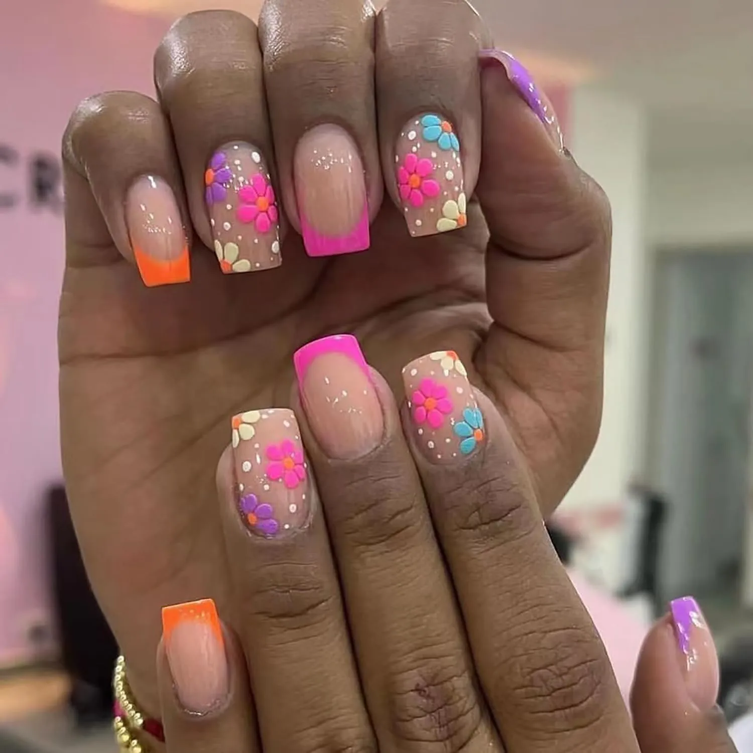 IMSOHOT Square Press on Nails Short Spring Fake Nails Colorful French False Nails Tip with Cute Flower Designs Glossy Glue on Nails Full Cover Acrylic Squoval Nails for Women 24PCS