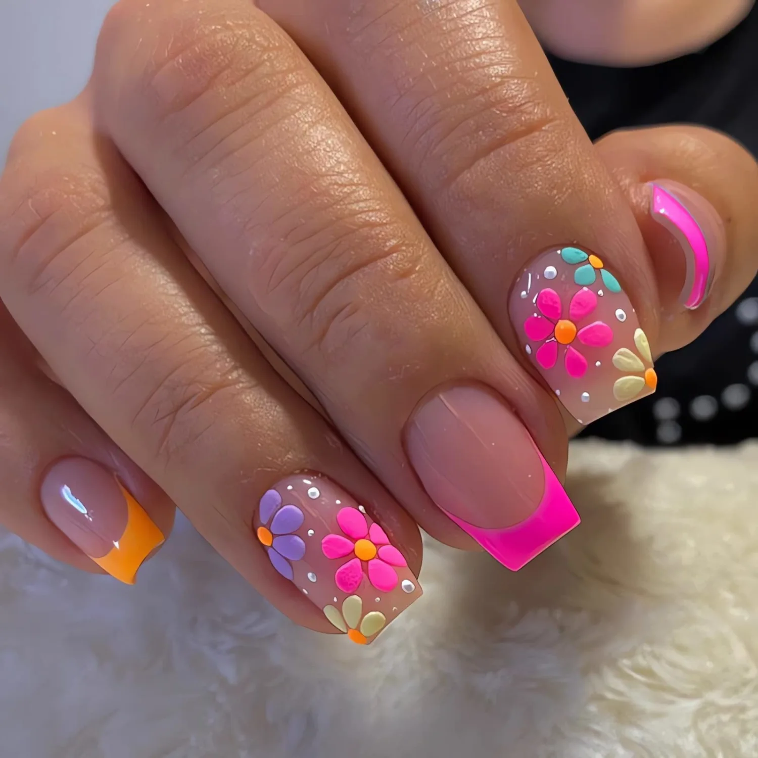 IMSOHOT Square Press on Nails Short Spring Fake Nails Colorful French False Nails Tip with Cute Flower Designs Glossy Glue on Nails Full Cover Acrylic Squoval Nails for Women 24PCS