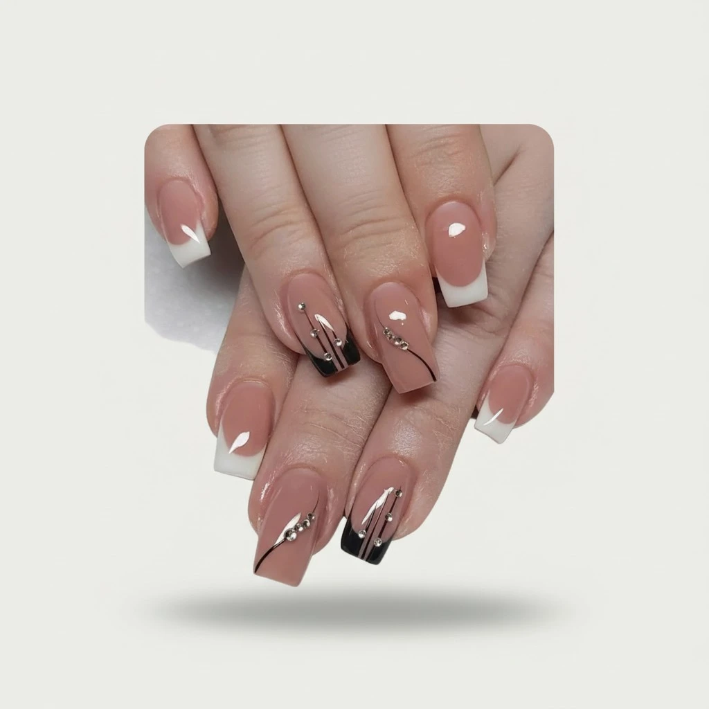 RikView French Tip Press on Nails Medium Acrylic Nails White Nails Black Stick on Nails with Rhinestones Coffin Fake Nails