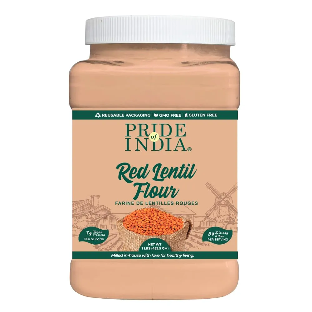 Pride of India- Red Lentil Flour 1 lbs (454 gm) Hint of Sweetness Slightly Nutty Earthy Flavor Freshly Milled in Small Batches |Ideal for Cakes Sauces Pasta Crepes Meatballs | Vegan, Gluten Free