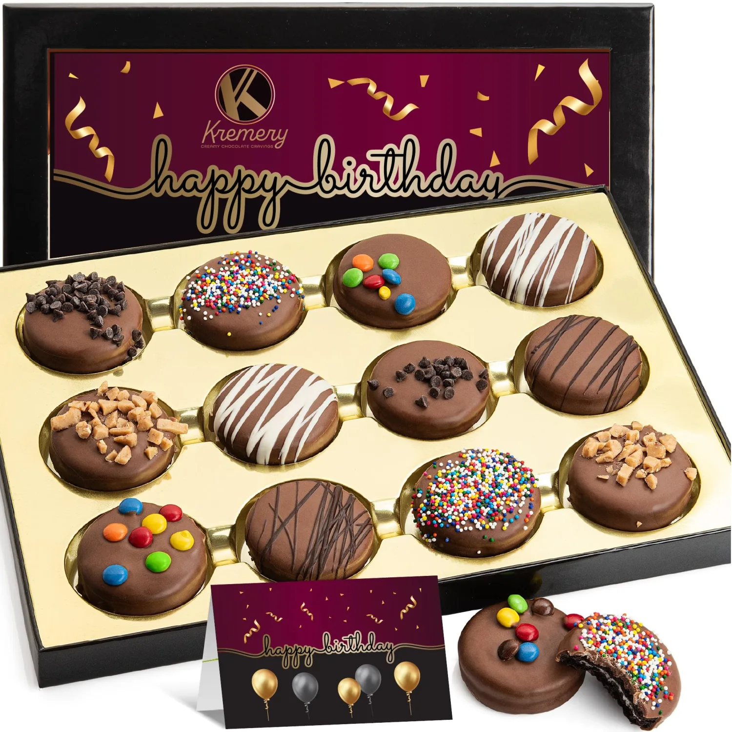 KREMERY Creamy Chocolate Cravings - Birthday Treats, Chocolate Covered Sandwich Cookies & Cream Gift Basket, in Gift Box + Greeting Card (12 Cookies, Assorted Sweet Toppings) Kosher Dairy, USA Made