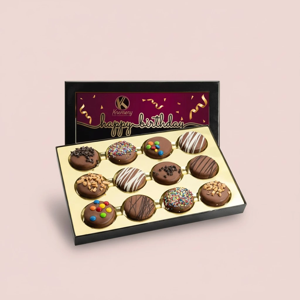 KREMERY Creamy Chocolate Cravings - Birthday Treats, Chocolate Covered Sandwich Cookies & Cream Gift Basket, in Gift Box + Greeting Card (12 Cookies, Assorted Sweet Toppings) Kosher Dairy, USA Made