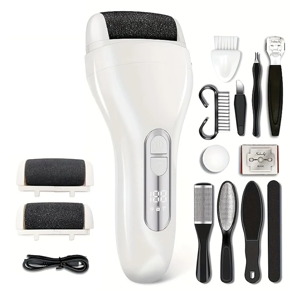 Electric Foot Callus Remover Kit for Women and Men;Rechargeable Electronic Foot File with 3 Heads Waterproof;Professional Feet Care Tools for Dead Skin;Hard Cracked Dry Skin (White)