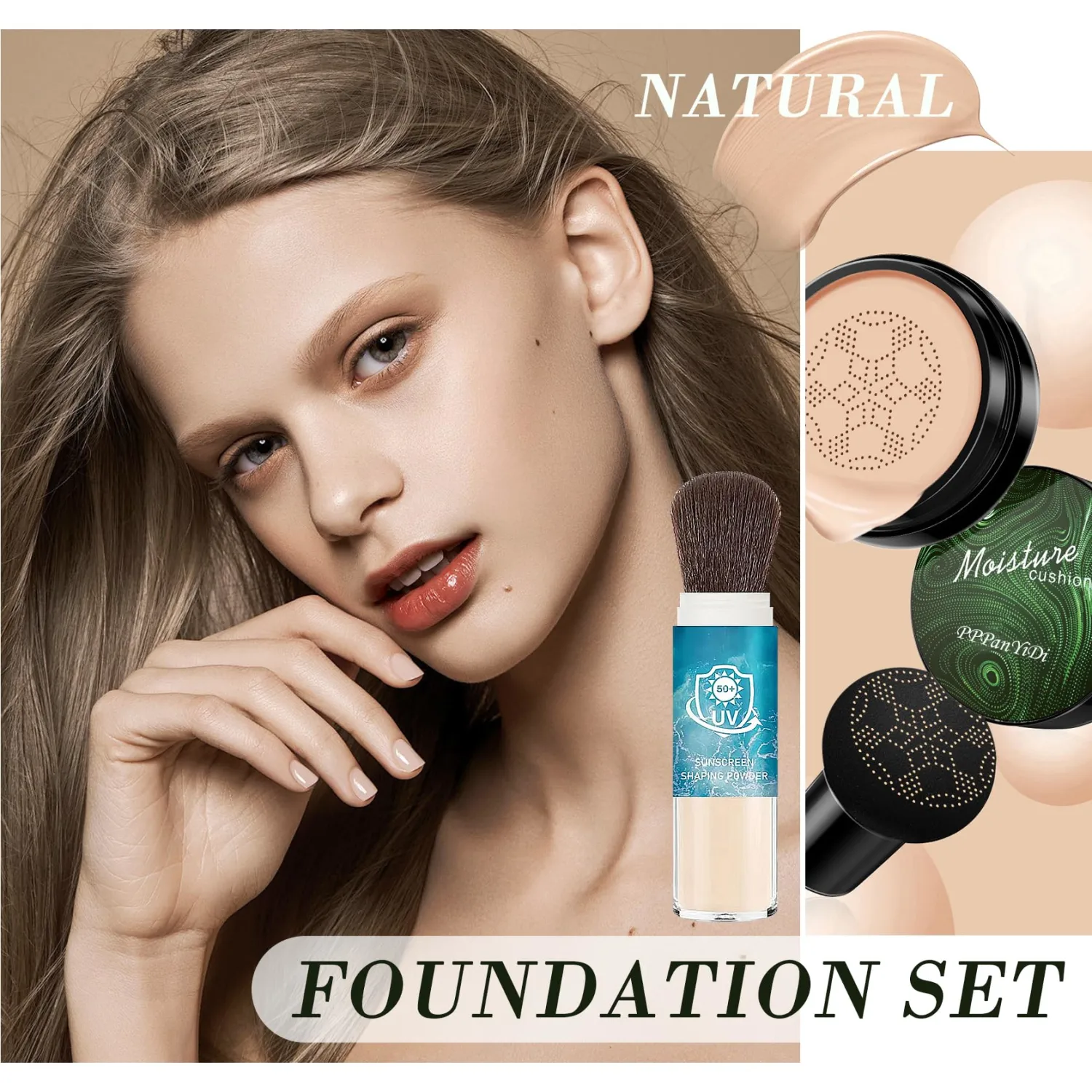 Mushroom Head Air Cushion CC Cream Foundation Face Makeup Set with Lightweight Non-greasy Loose Setting Powder, Full Coverage Liquid Foundation Lasting Moisturizing BB Cream for All Skin Types（2PCS）