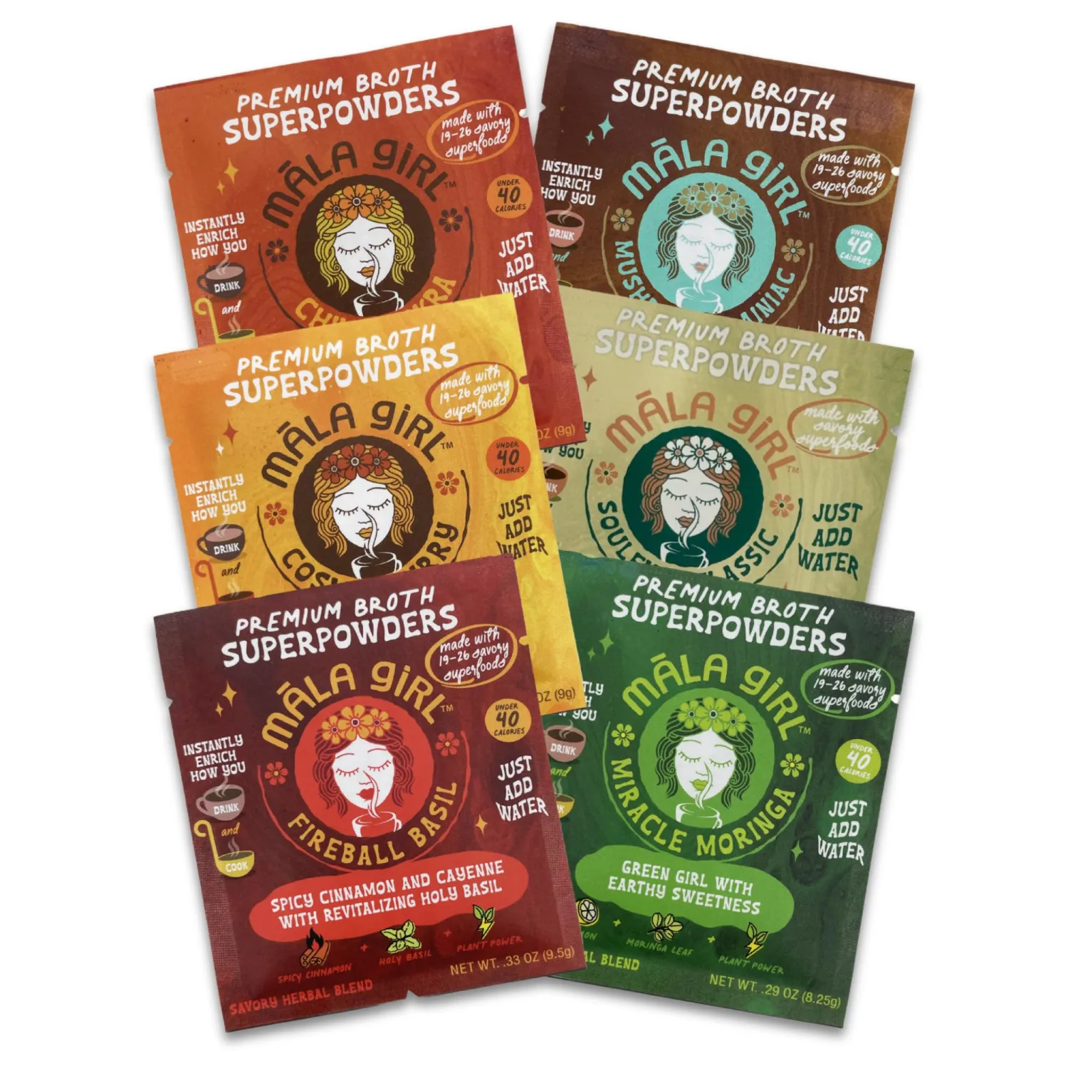 Māla Girl Single Serve Variety Pack - Savory Superfood Broth Powders - Instant Soup & Ramen Base - Sipping Broth - Vegan - Gluten Free, Soy Free - 6 Flavors