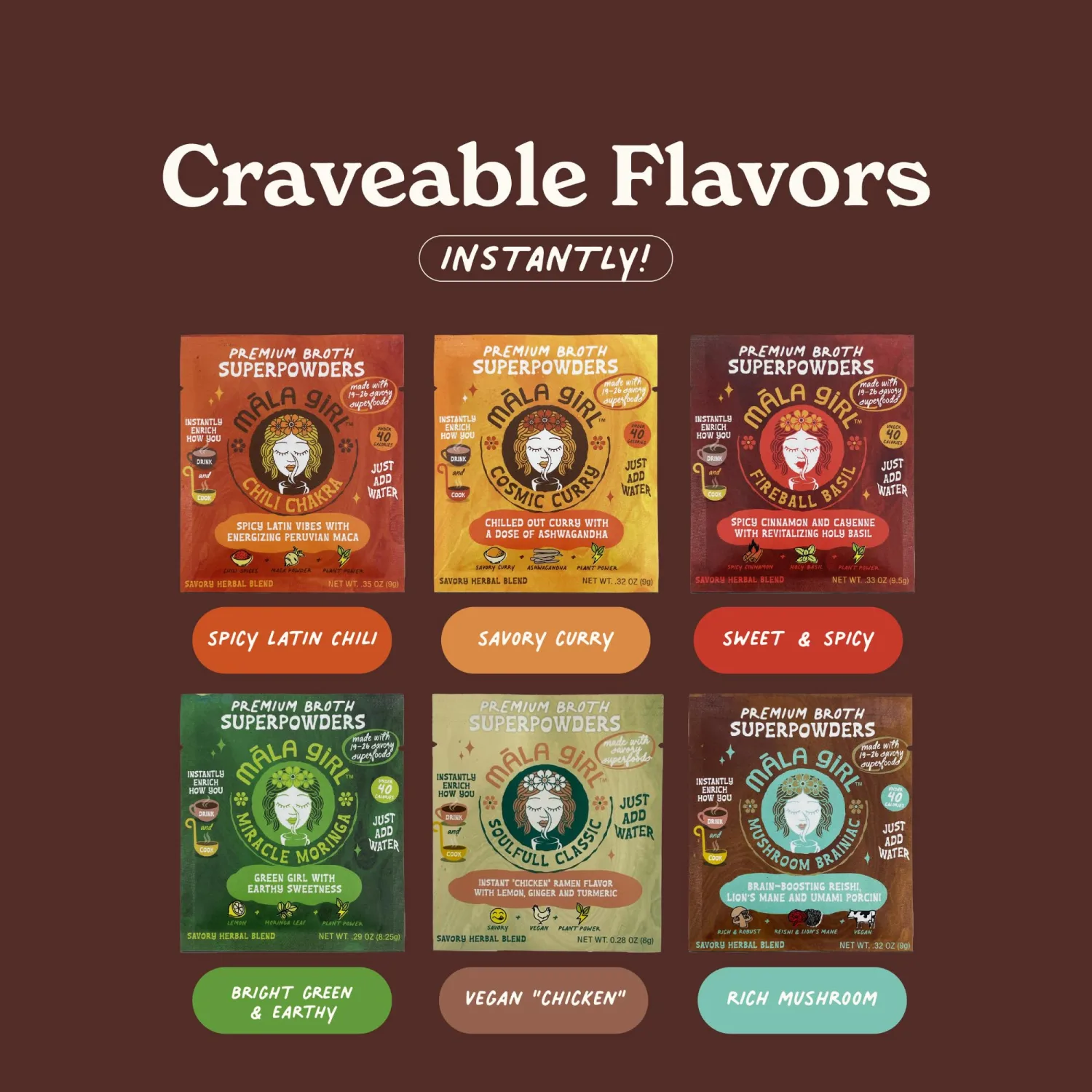 Māla Girl Single Serve Variety Pack - Savory Superfood Broth Powders - Instant Soup & Ramen Base - Sipping Broth - Vegan - Gluten Free, Soy Free - 6 Flavors