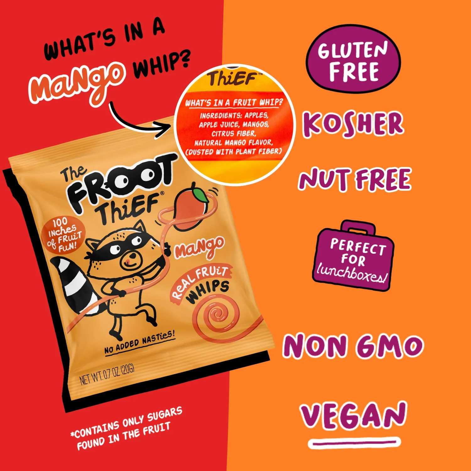 The FROOT Thief Variety 10 Pack Apple and Mango Flavor, Real Fruit Snacks Whips, Nut Free, Perfect for School Lunches and Snacks, Individual Bags Kids Snacks