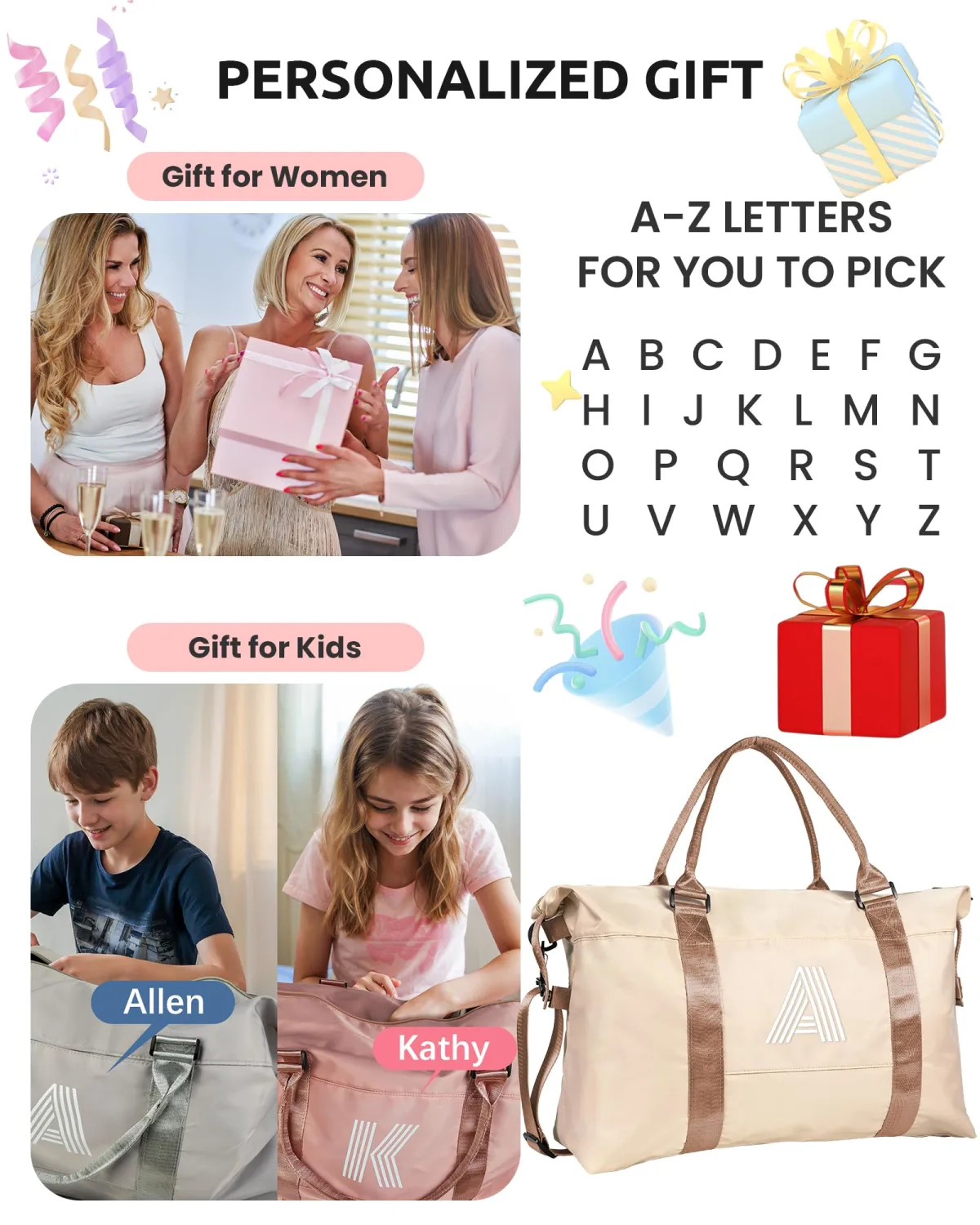 Young Girls Gifts, Initial Travel Duffel Bag, Gym Bag, Personalized Weekender Bag, Monogram Overnight Bag, Niece Gifts Grad Gifts for Her (Letter F)