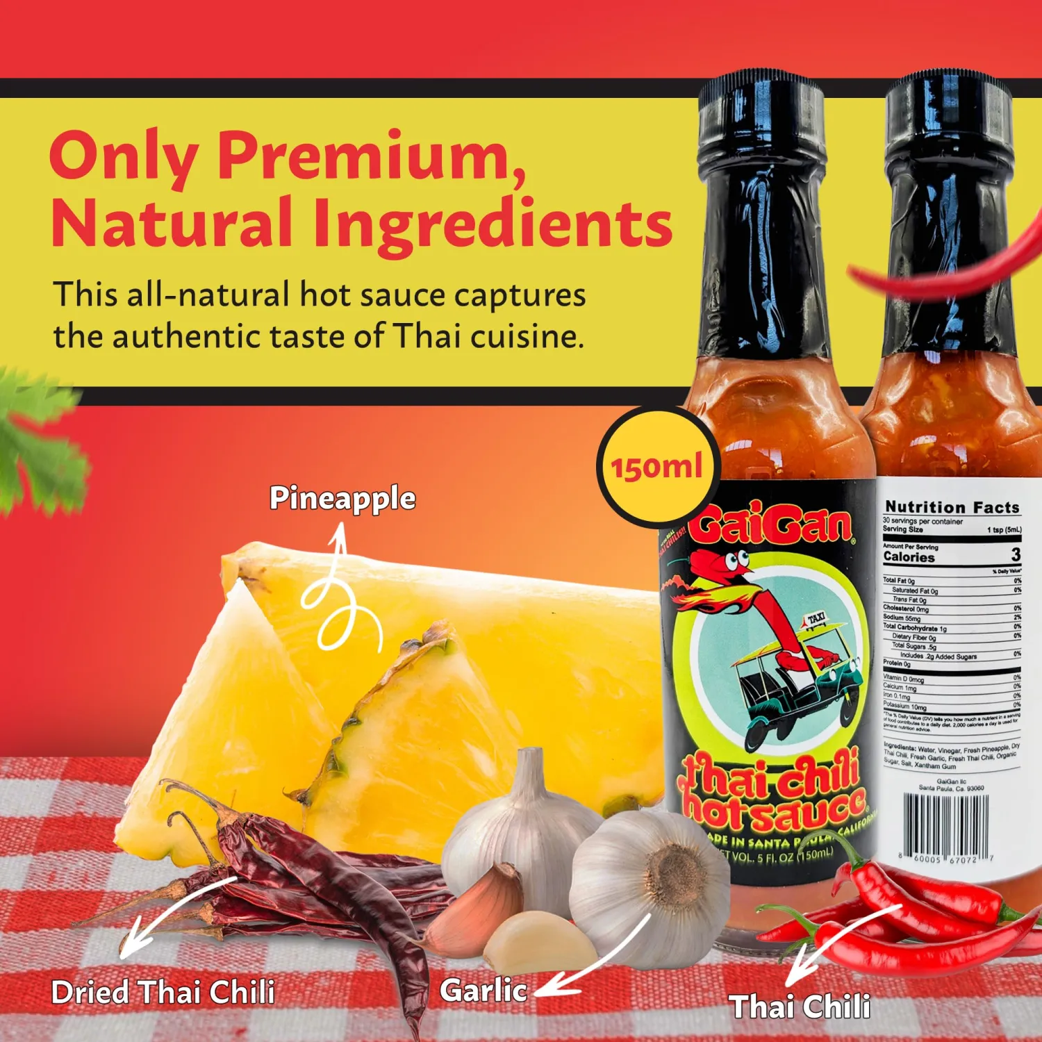 GaiGan - Thai Chili Pineapple Hot Sauce, Low-Calorie, All Natural Vegan Condiments with Low Sodium, Gluten Free & No Preservatives, 150 mL