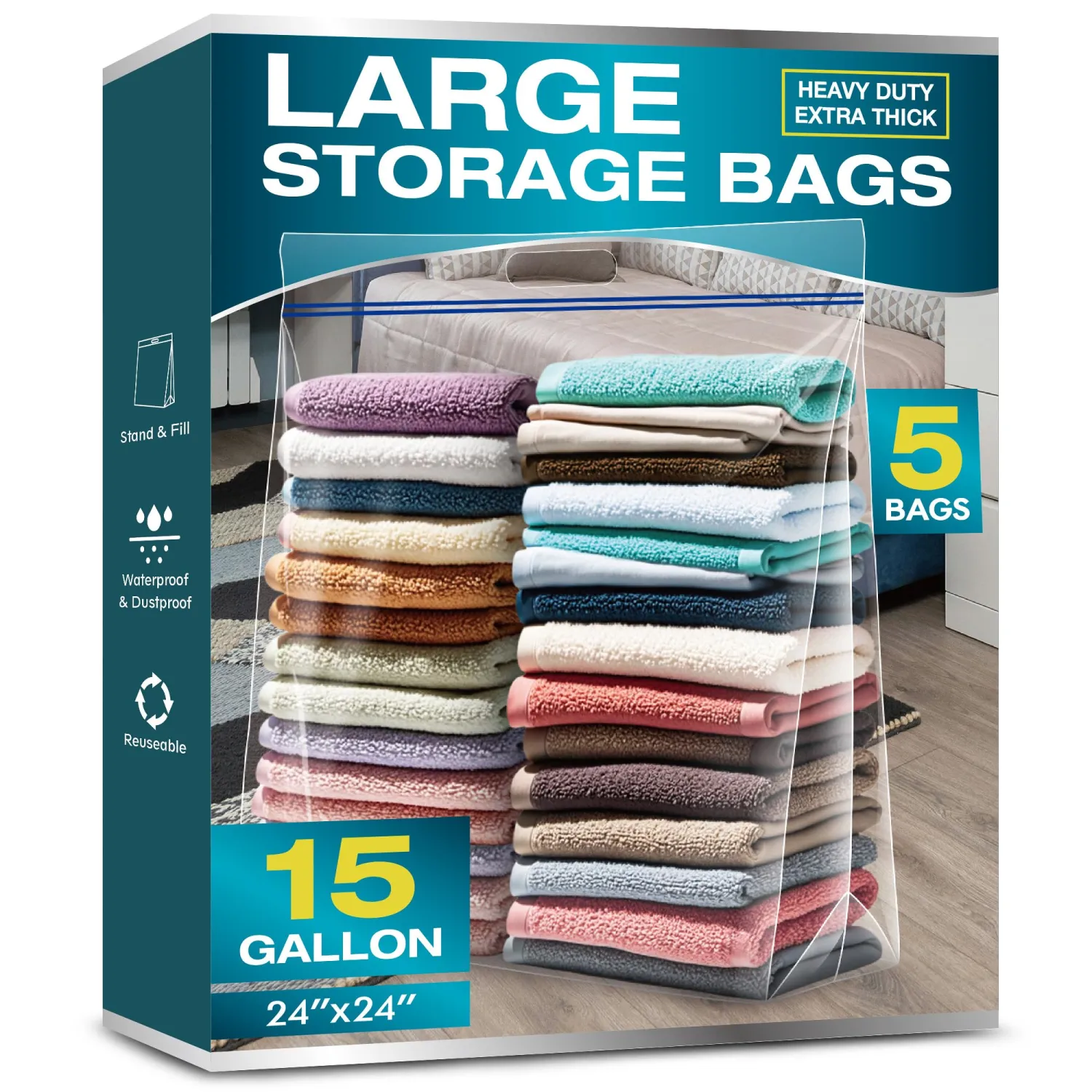 15 Gallon Large Storage Bags, 3.5 Mil Thick Clear Plastic Zipper Bags with Handles, 24" x 24" Large Heavy Duty for Home, Travel, and Moving (5 Packs)