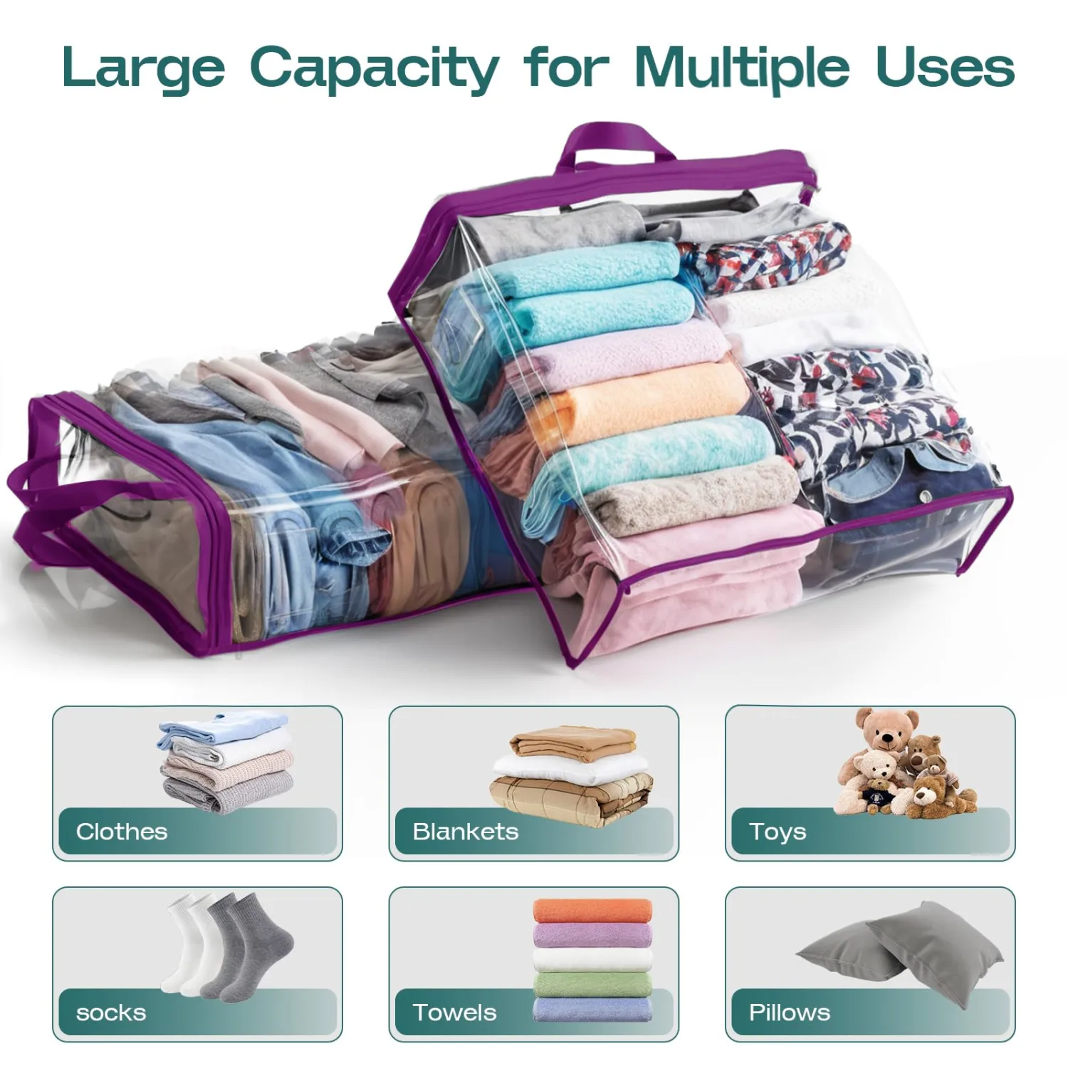 5PACK Clear Zippered Storage Bags for Clothes, 22L Closet Organizers Bag, and Blanket Storage Bags for Bedding, Linen, Blankets, Comforters, Clothing & Toys (Purple)