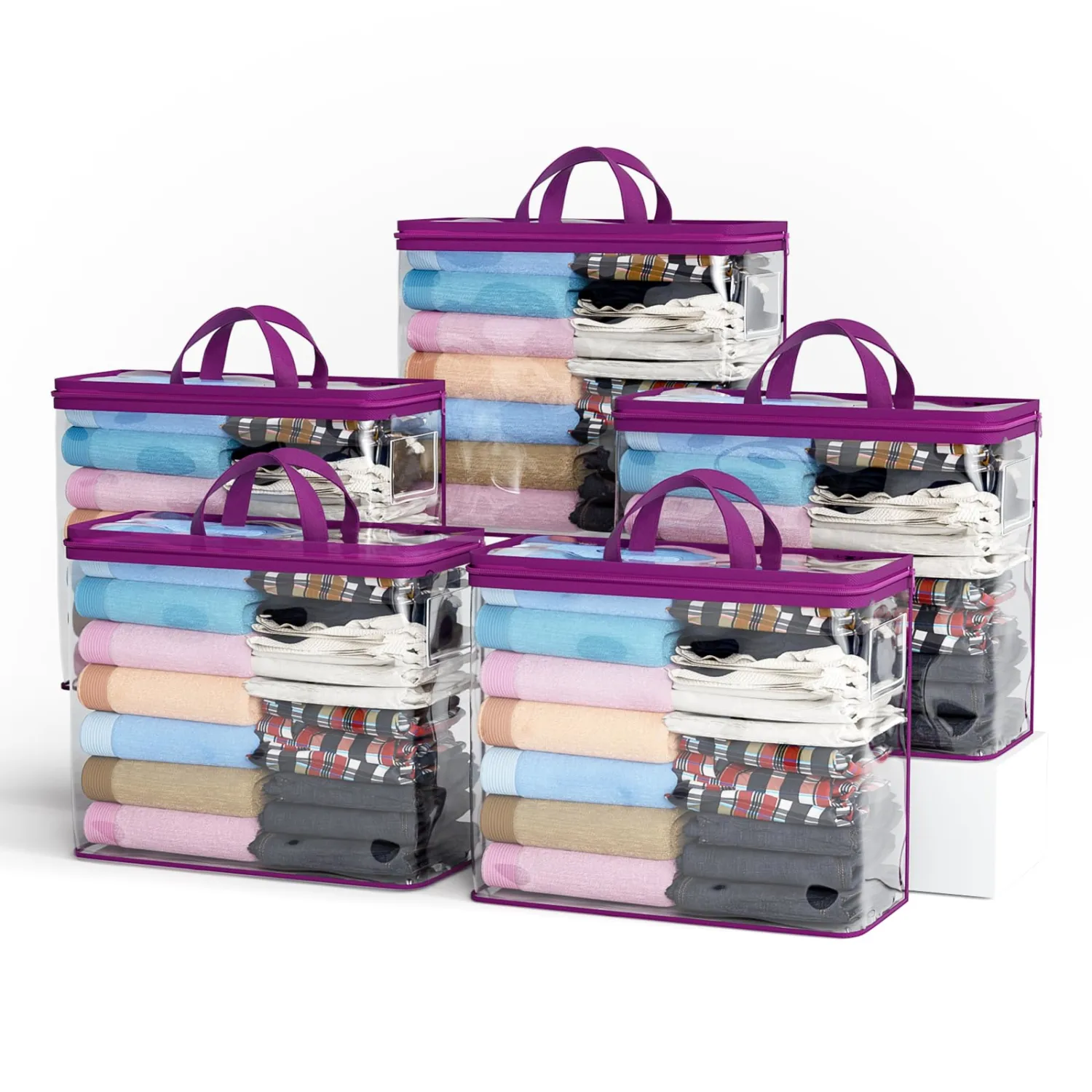 5PACK Clear Zippered Storage Bags for Clothes, 22L Closet Organizers Bag, and Blanket Storage Bags for Bedding, Linen, Blankets, Comforters, Clothing & Toys (Purple)
