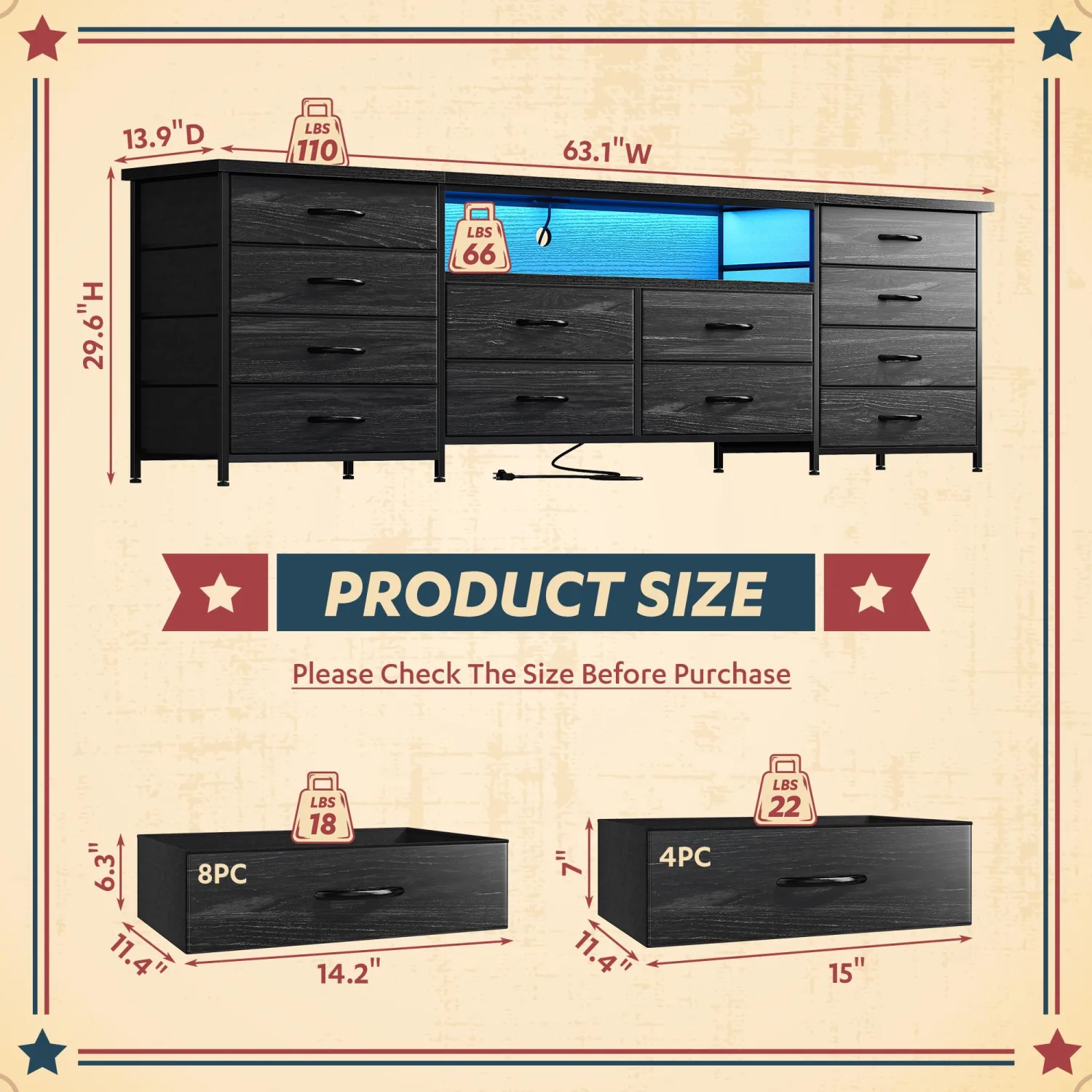 63" Long Dresser for Bedroom with 12 Fabric Drawers Entertainment Center with LED Lights & Power Outlets TV Stand for 70 Inch TV, Storage Organizer for Bedroom, Black