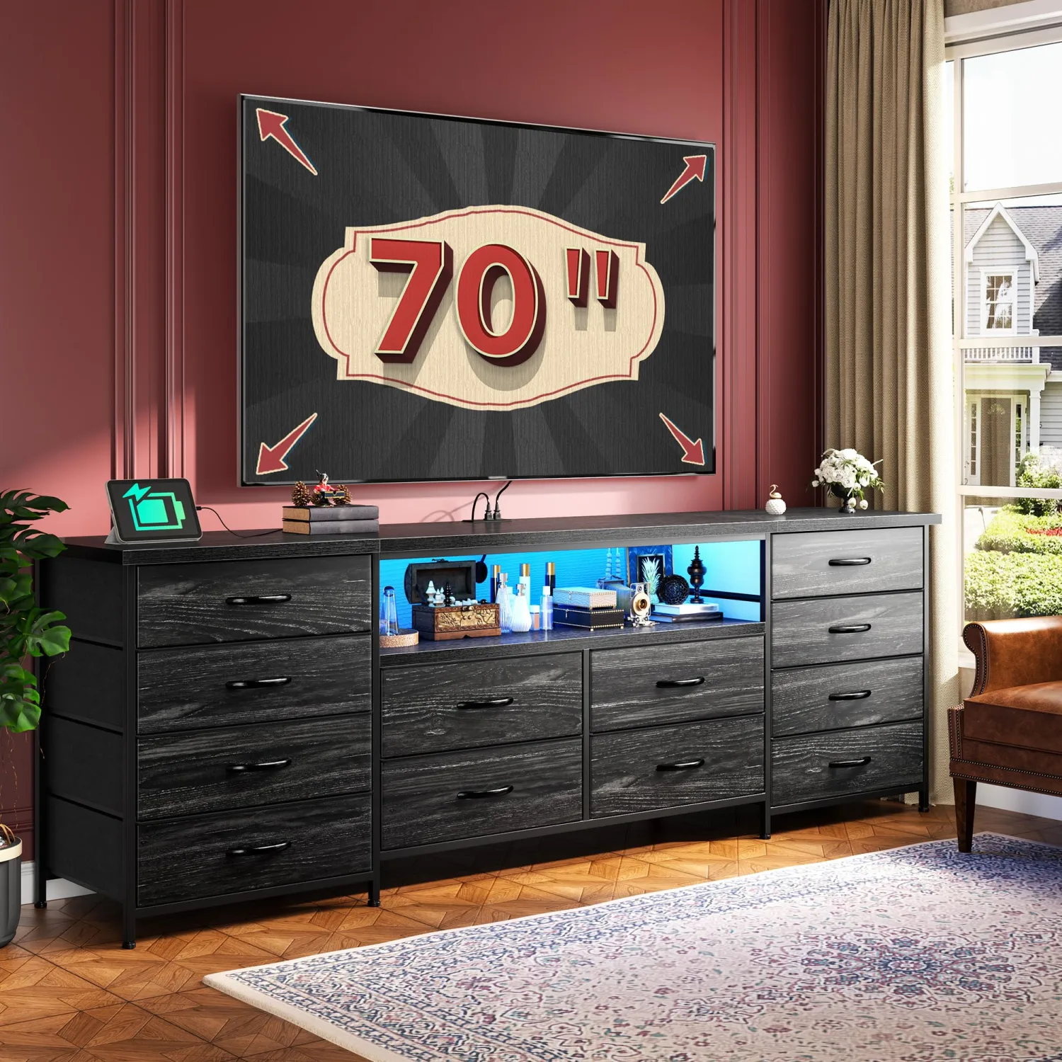 63" Long Dresser for Bedroom with 12 Fabric Drawers Entertainment Center with LED Lights & Power Outlets TV Stand for 70 Inch TV, Storage Organizer for Bedroom, Black