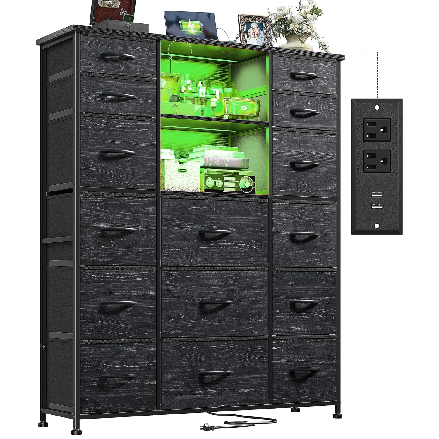 Tall Dresser for Bedroom with Charging Station and LED, Fabric Dressers & Chests of Drawers with 15 Drawers and Extra 2 Open Shelves for Storage and Organization, for Closet, Hallway(Grain Black)