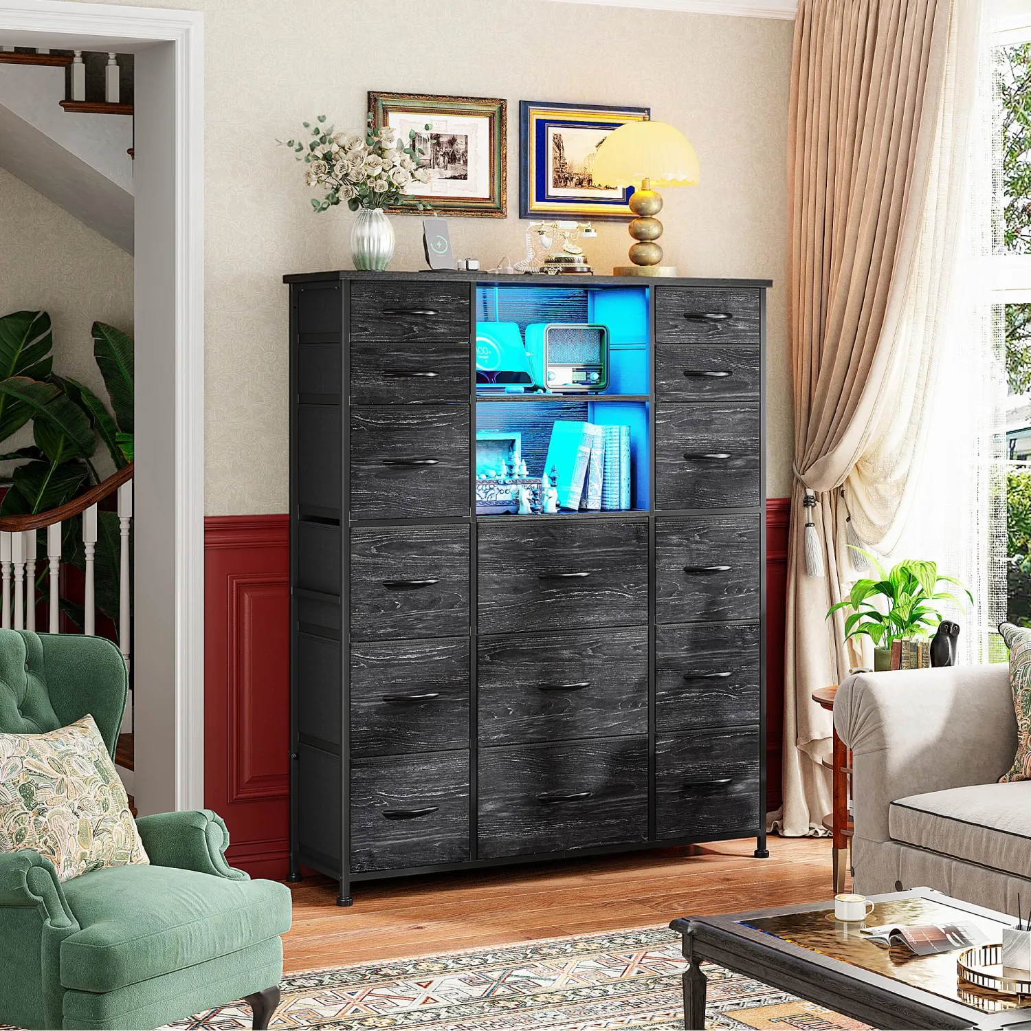 Tall Dresser for Bedroom with Charging Station and LED, Fabric Dressers & Chests of Drawers with 15 Drawers and Extra 2 Open Shelves for Storage and Organization, for Closet, Hallway(Grain Black)