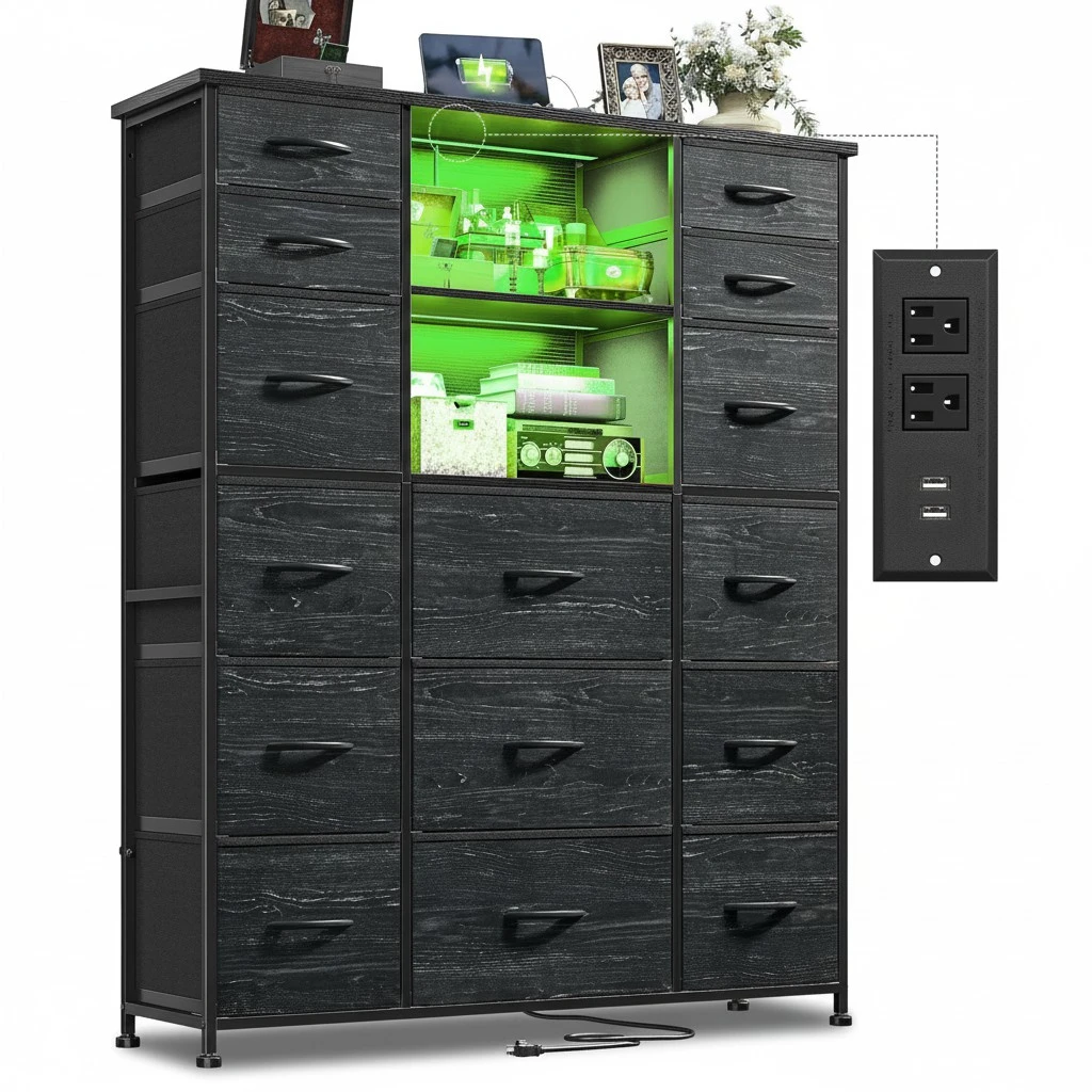 Tall Dresser for Bedroom with Charging Station and LED, Fabric Dressers & Chests of Drawers with 15 Drawers and Extra 2 Open Shelves for Storage and Organization, for Closet, Hallway(Grain Black)
