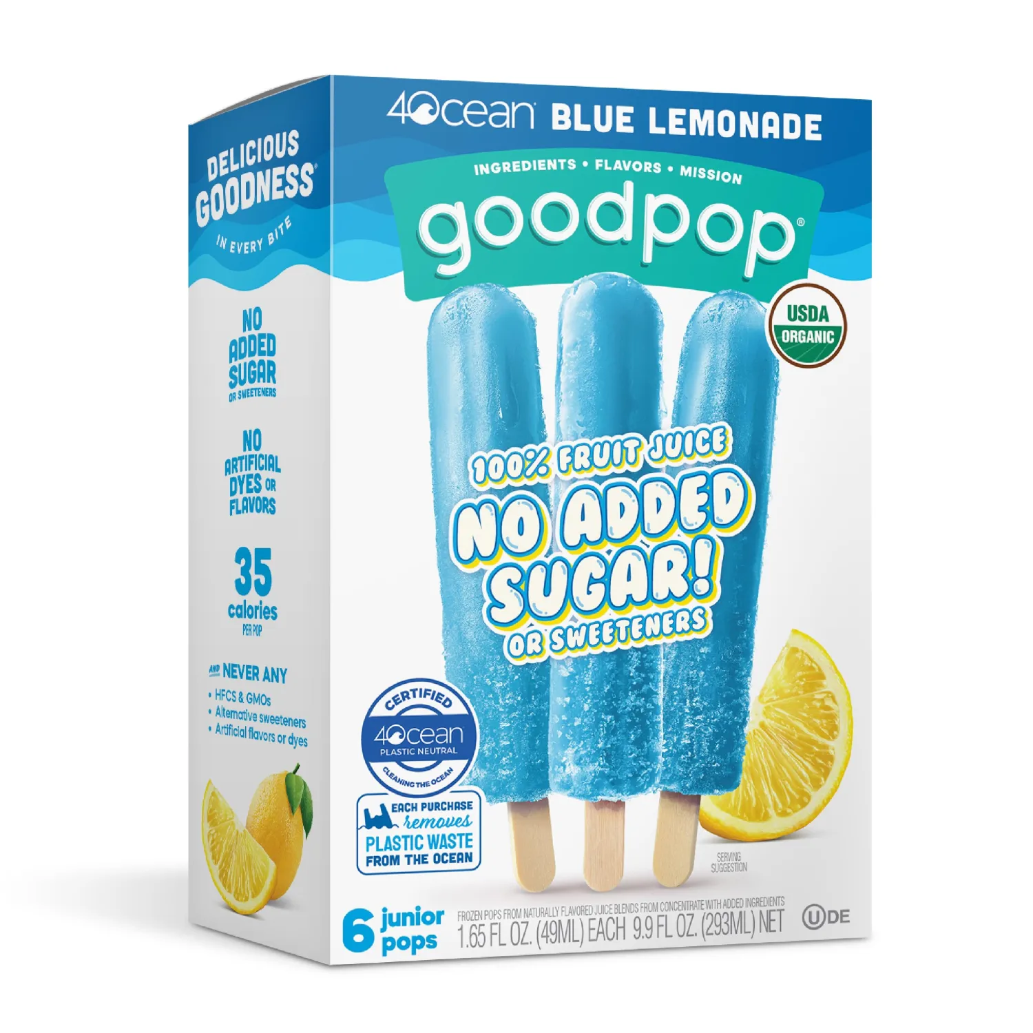 GoodPop - 4ocean Blue Lemonade Organic Freezer Ice Pops - 100% Fruit Juice, No Artifical Dyes or Flavors, No Added Sugar, 6 Count