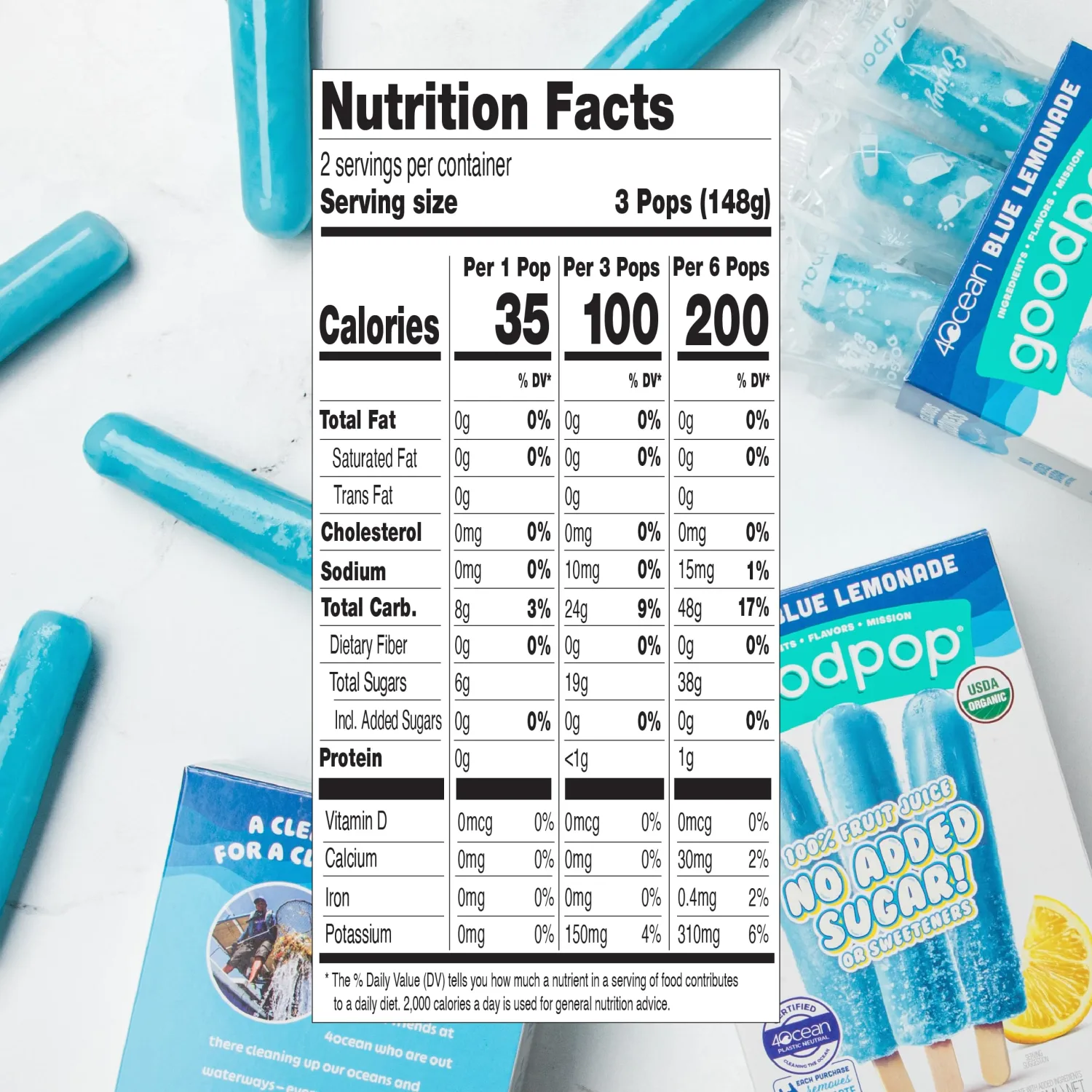 GoodPop - 4ocean Blue Lemonade Organic Freezer Ice Pops - 100% Fruit Juice, No Artifical Dyes or Flavors, No Added Sugar, 6 Count