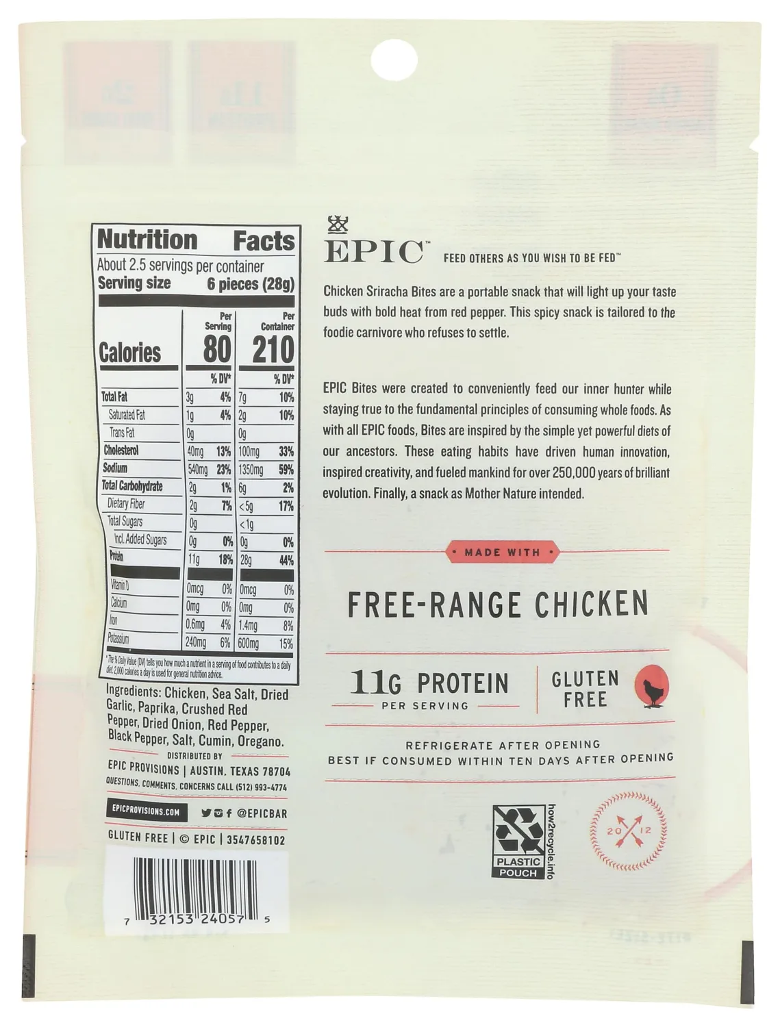 Epic Products, Chicken Jerky Sriracha Bites, 2.5 Ounce