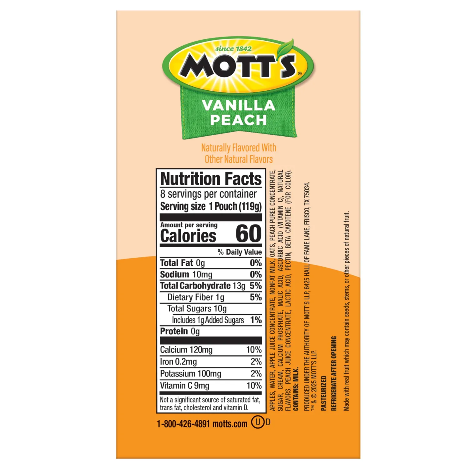 Mott’s Fruit Smoothies Vanilla Peach, 4.2 oz clear pouches, 8 Pack, Made With Milk, Made With Real Fruit, Good Source of Calcium, On-the-Go