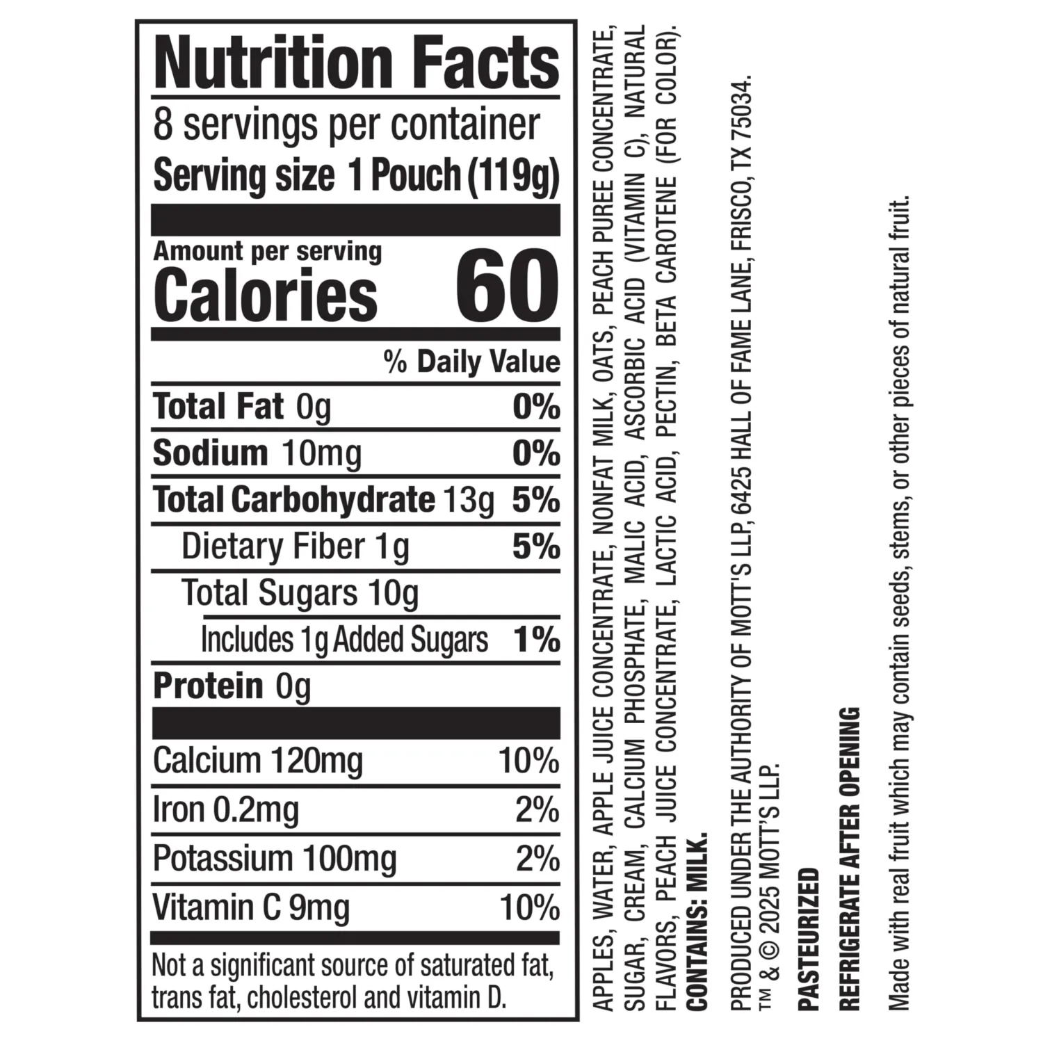 Mott’s Fruit Smoothies Vanilla Peach, 4.2 oz clear pouches, 8 Pack, Made With Milk, Made With Real Fruit, Good Source of Calcium, On-the-Go