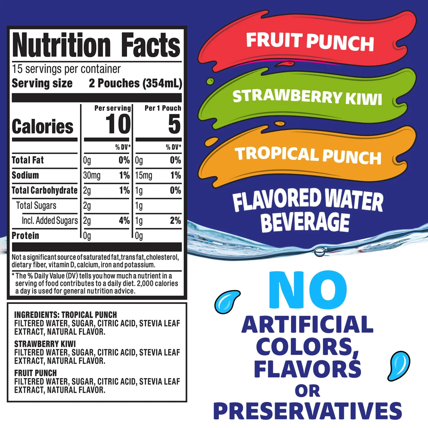 Capri Sun Roarin' Waters Fruit Punch, Strawberry Kiwi & Tropical Punch Flavored with other natural flavor Water Beverage, 30 ct Box, 6 fl oz Drink Pouches