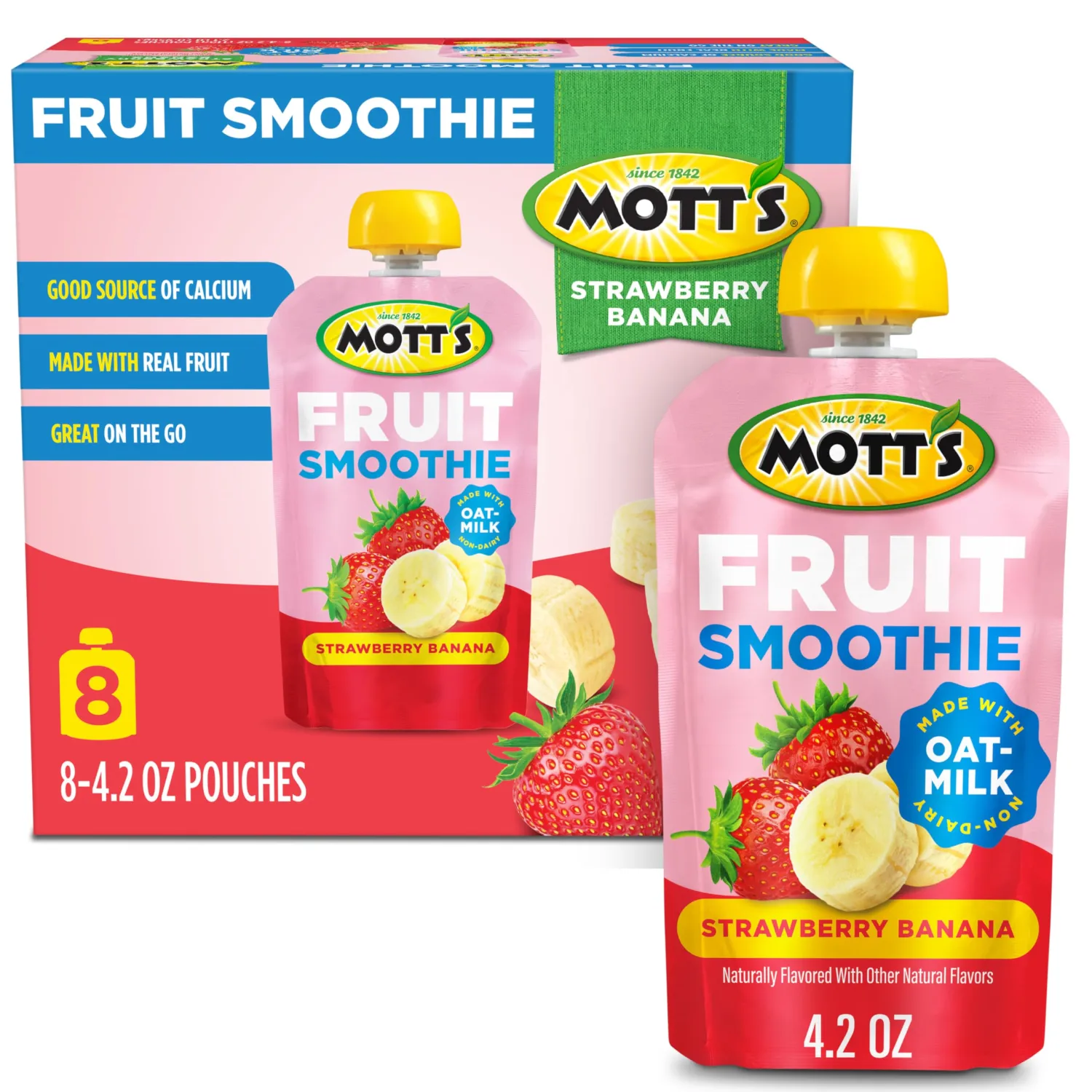 Mott’s Fruit Smoothies Strawberry Banana, 4.2 oz clear pouches, 8 Pack, Non-dairy, Made With Oatmilk, Made With Real Fruit, Good Source of Calcium, On-the-Go